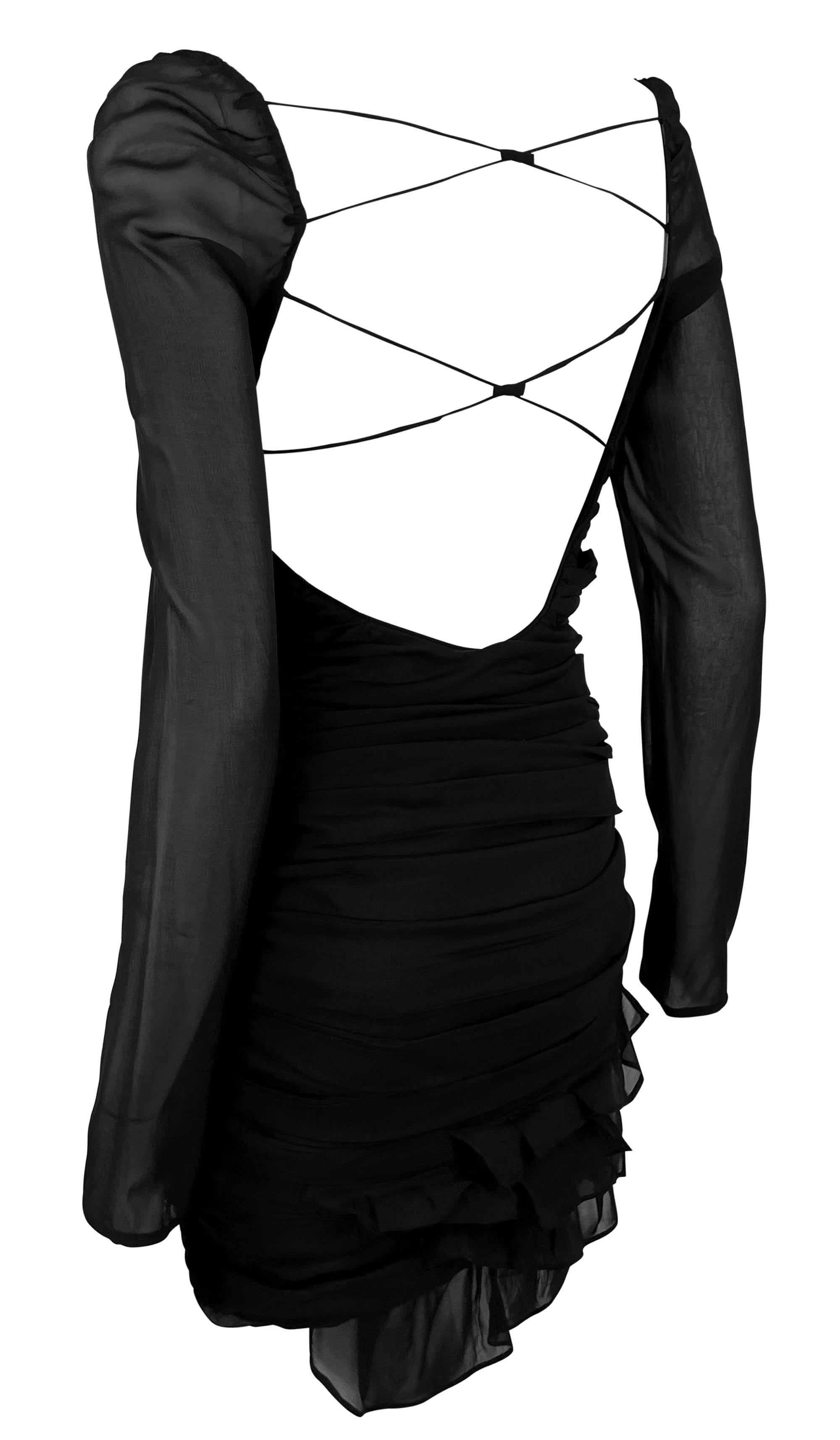 Women's S/S 2003 Gucci by Tom Ford Runway Black Chiffon Backless Tiered Mini Dress