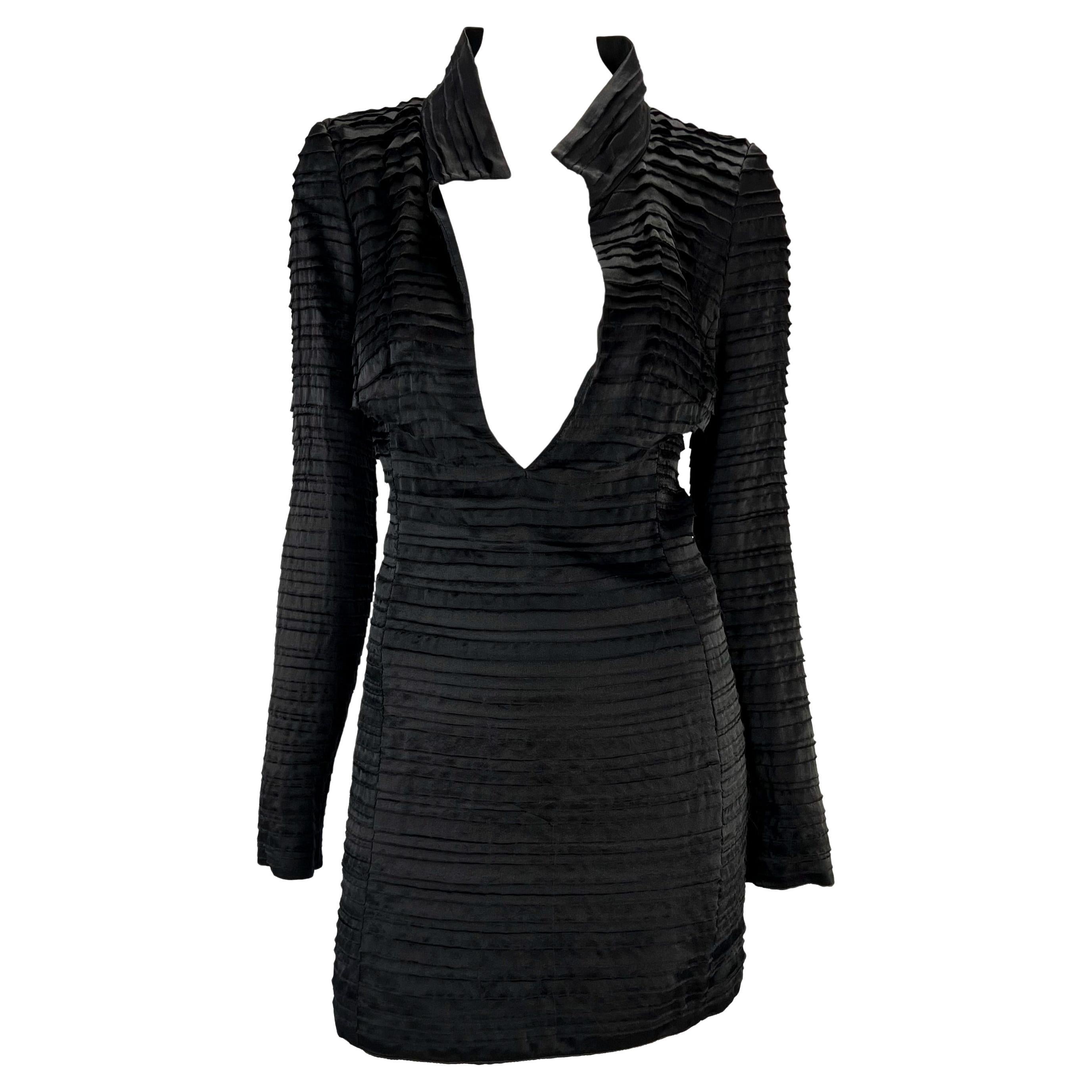 S/S 2003 Gucci by Tom Ford Runway Black Raw Ribbon Plunging Mini Dress In Good Condition For Sale In West Hollywood, CA