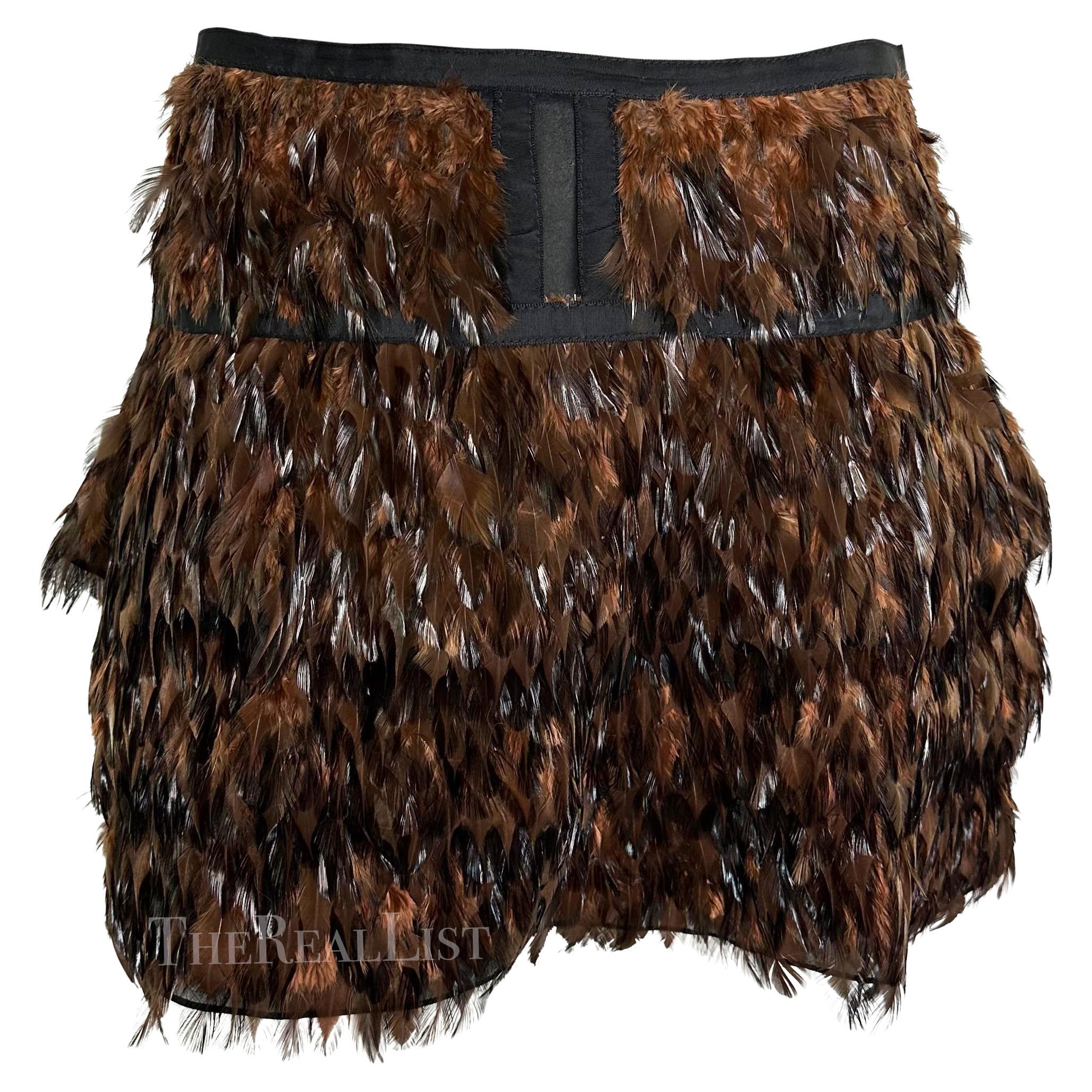 S/S 2003 Gucci by Tom Ford Runway Brown Feather Flare Sheer Silk Skirt For Sale