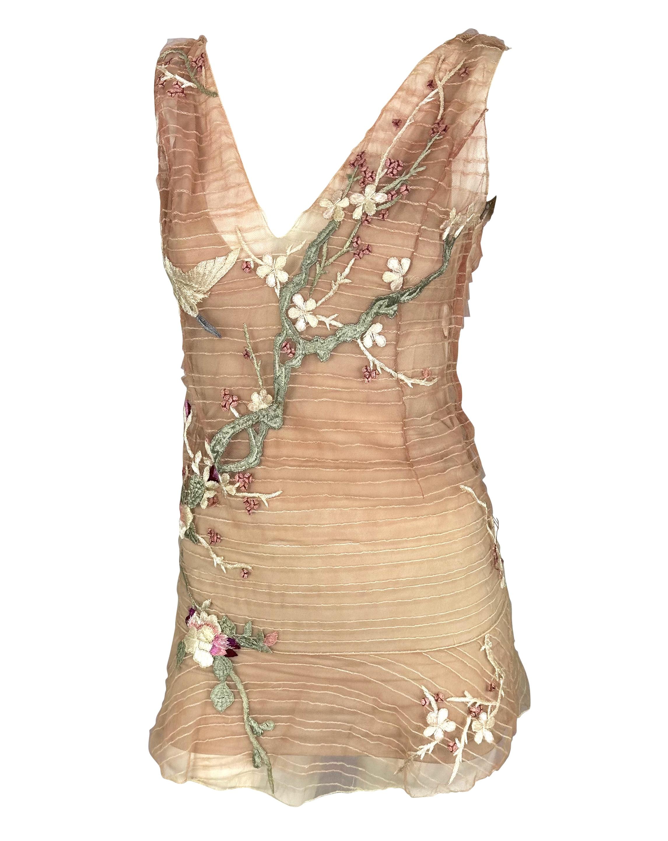 S/S 2003 Gucci by Tom Ford Runway Cherry Blossom Embroidered Pink Mini Dress For Sale 6