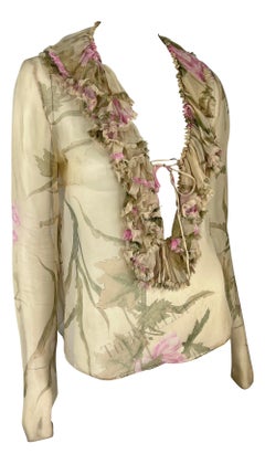 S/S 2003 Gucci by Tom Ford Tan Sheer Floral Ruffle Plunging Top