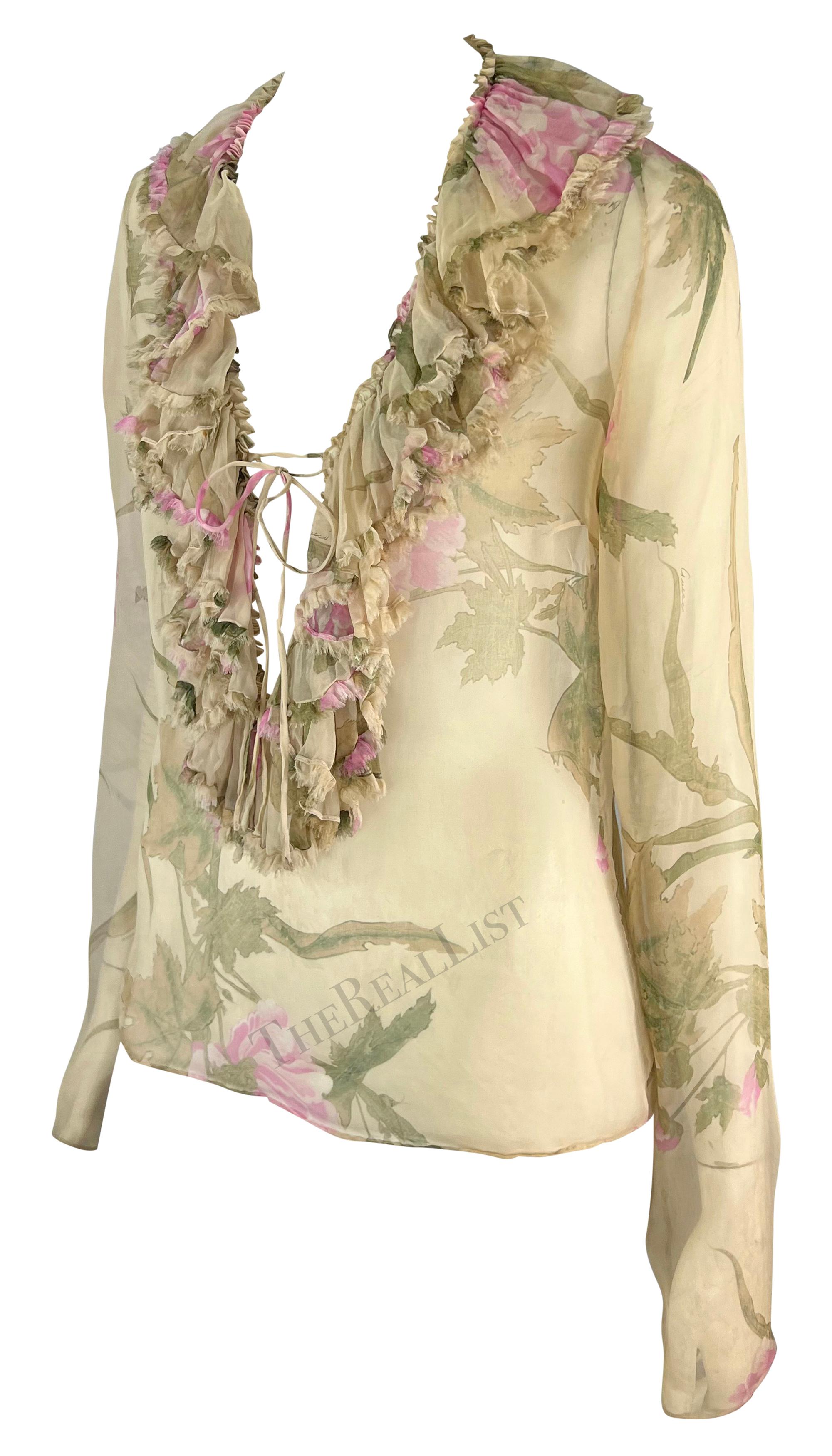 S/S 2003 Gucci by Tom Ford Tan Sheer Floral Ruffle Plunging Top In Excellent Condition For Sale In West Hollywood, CA