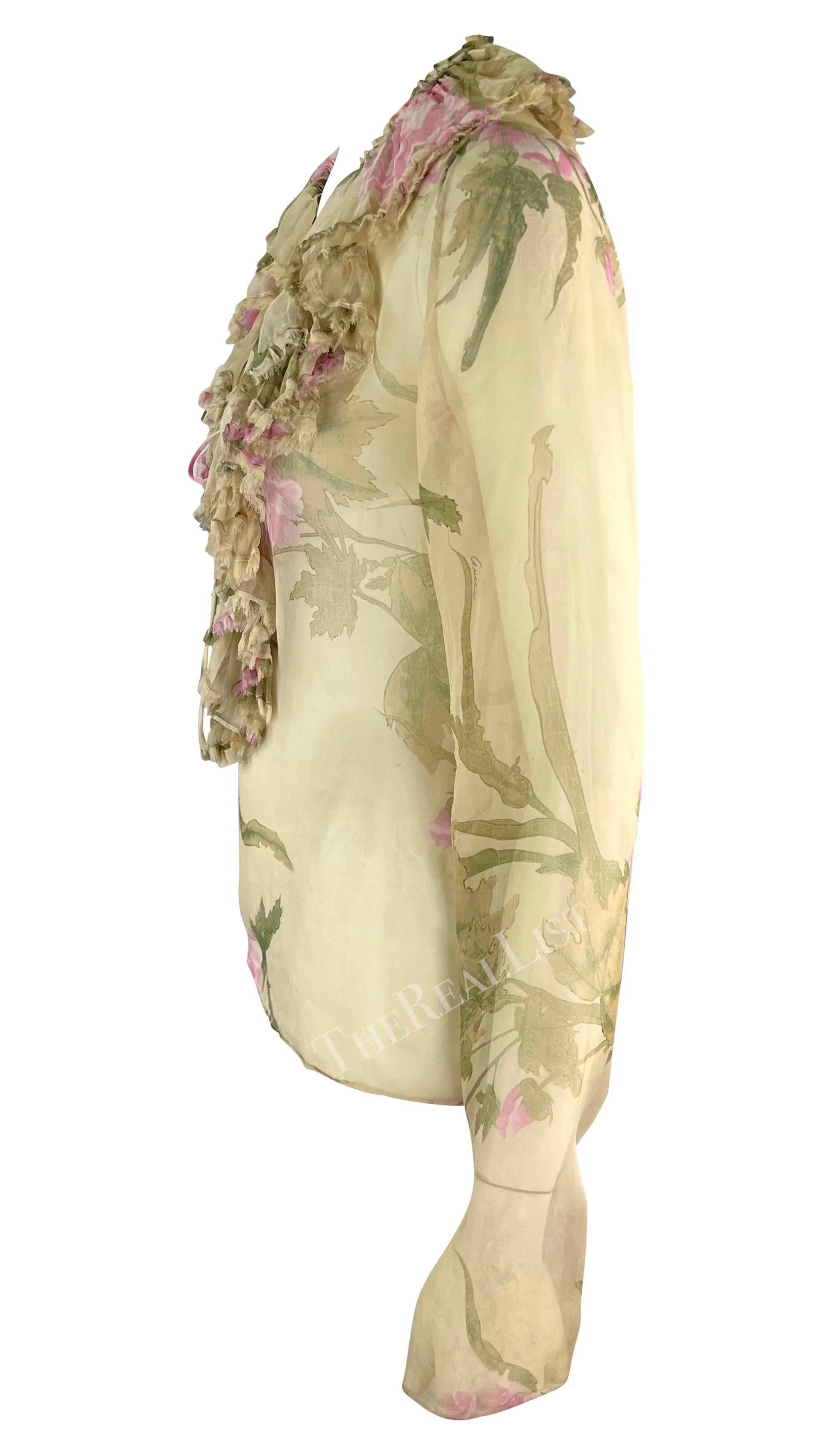 Women's S/S 2003 Gucci by Tom Ford Tan Sheer Floral Ruffle Plunging Top For Sale