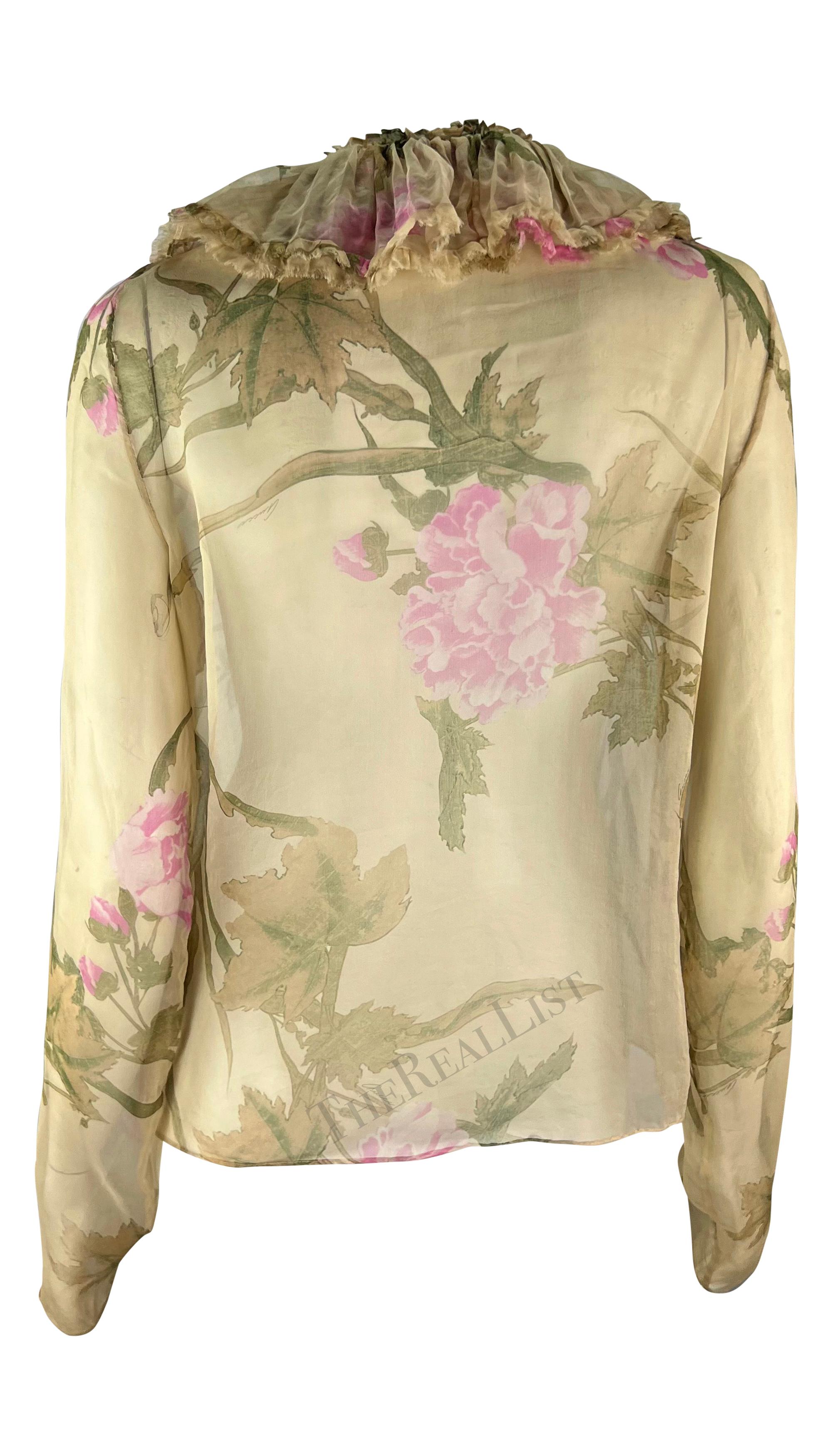 S/S 2003 Gucci by Tom Ford Tan Sheer Floral Ruffle Plunging Top For Sale 1
