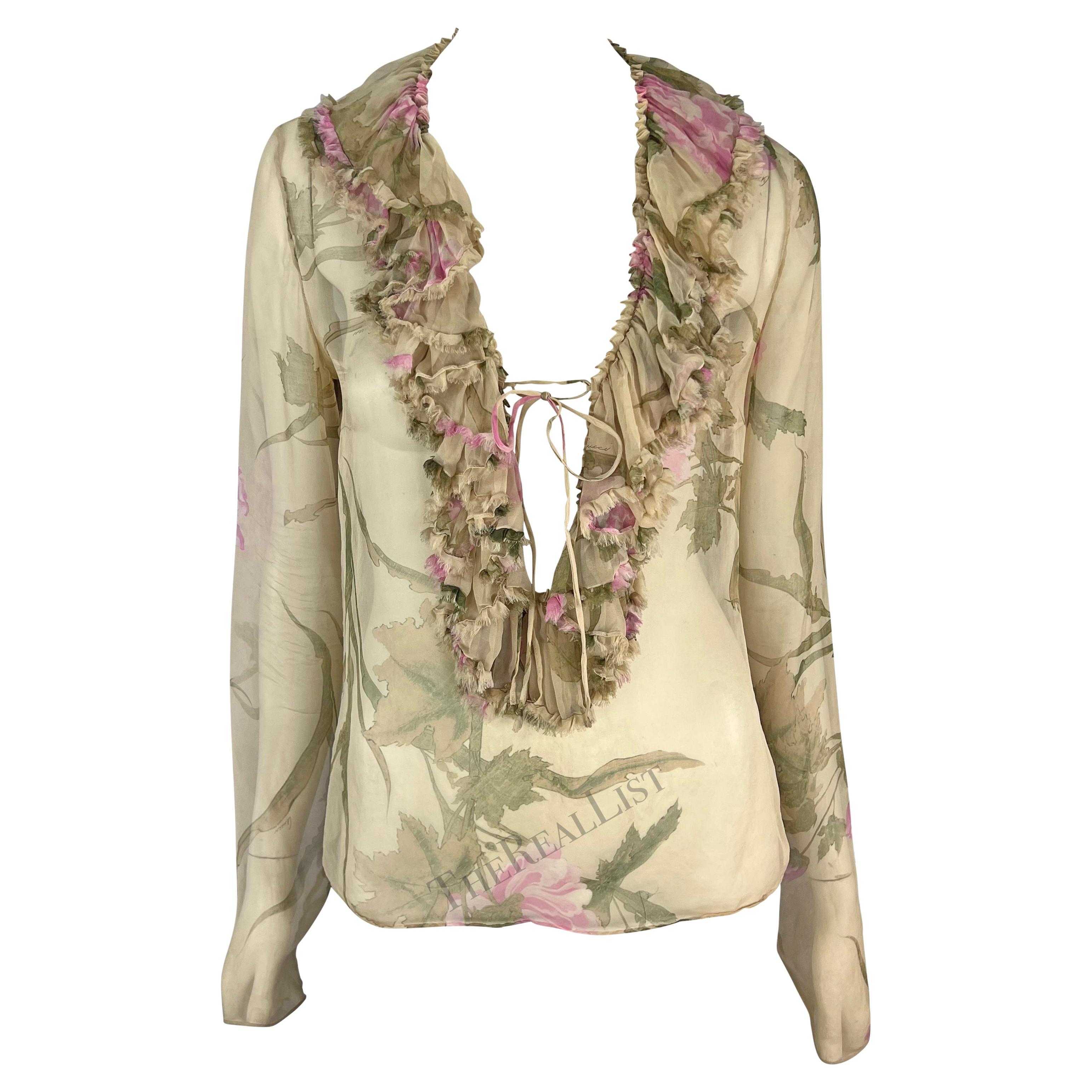 S/S 2003 Gucci by Tom Ford Tan Sheer Floral Ruffle Plunging Top For Sale