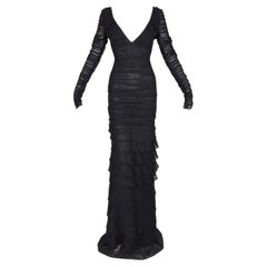 S/S 2003 Gucci Tom Ford Sheer Black Plunging Ruched L/S Long Gown Dress