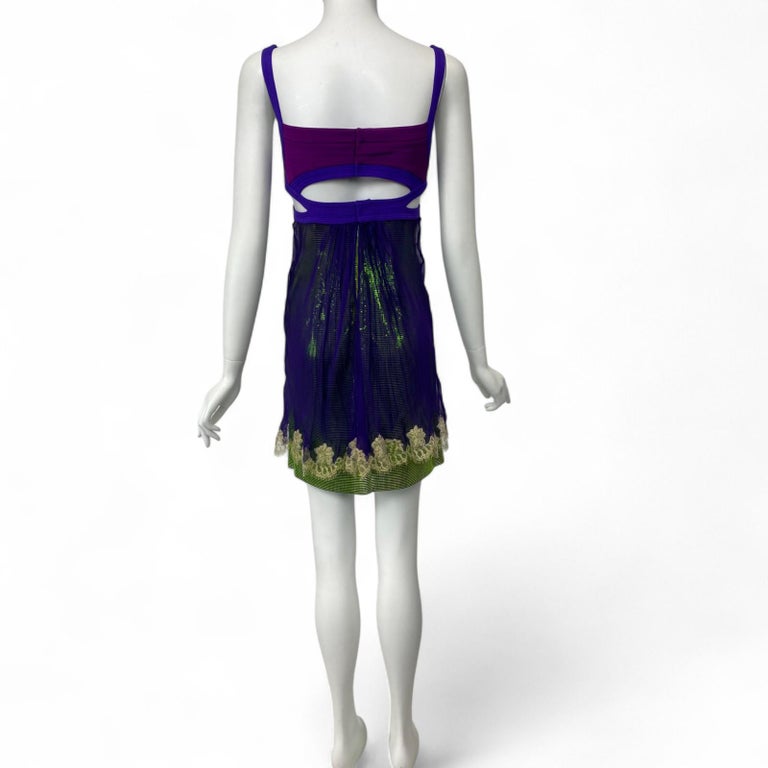S/S 2003 Iconic Versace Micro Mini Dress in Purple and Green with Oroton  Sz: For Sale at 1stDibs