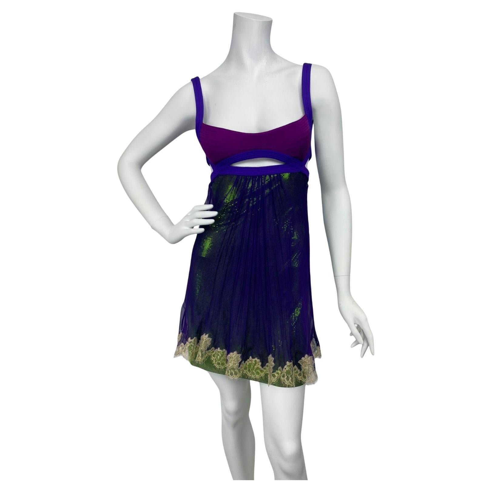S/S 2003 Icónico Micro Vestido Versace en Morado y Verde con Oroton Sz: