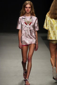 S/S 2003 Prada Aqua Green Silver Metallic Jacquard Weave Mod Mini Dress