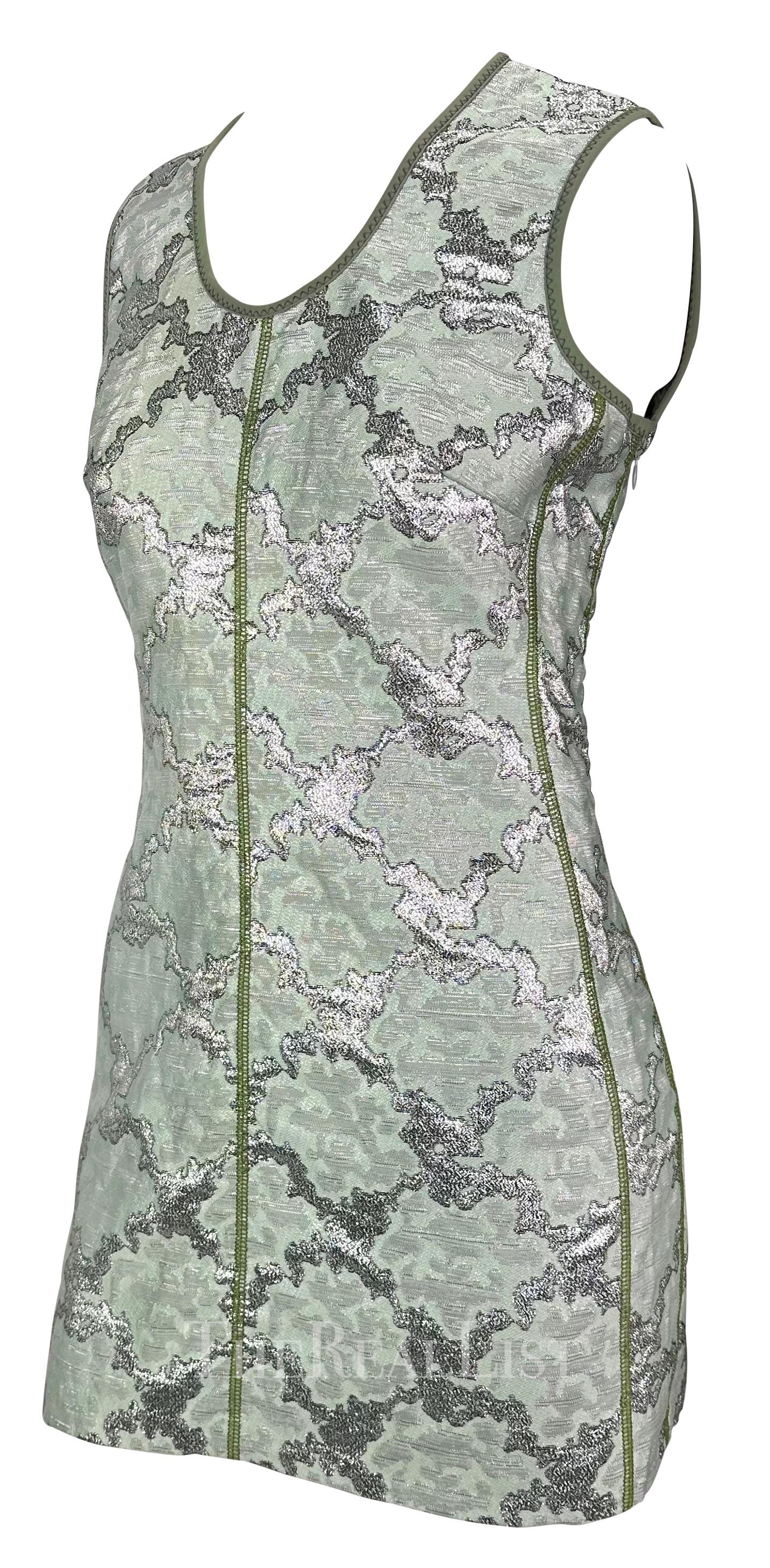 Women's S/S 2003 Prada Aqua Green Silver Metallic Jacquard Weave Mod Mini Dress For Sale