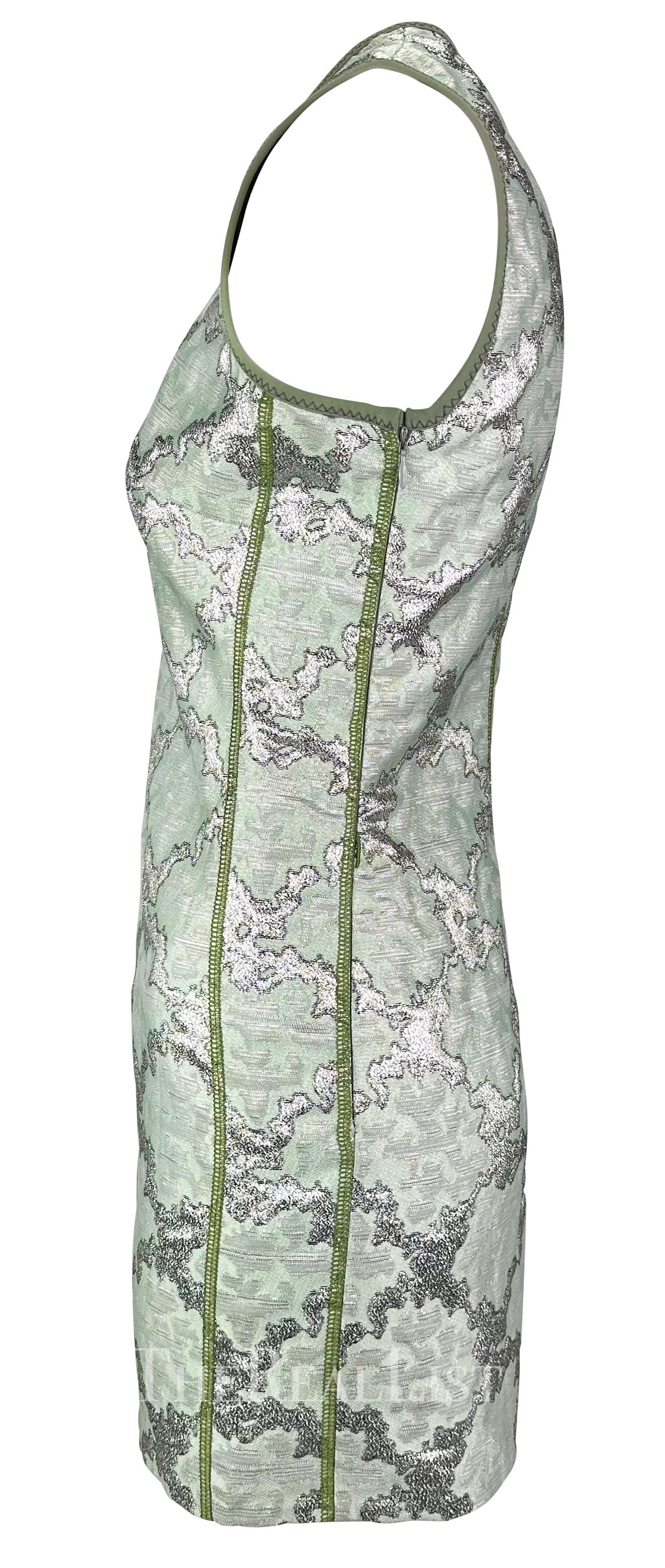 S/S 2003 Prada Aqua Green Silver Metallic Jacquard Weave Mod Mini Dress For Sale 1