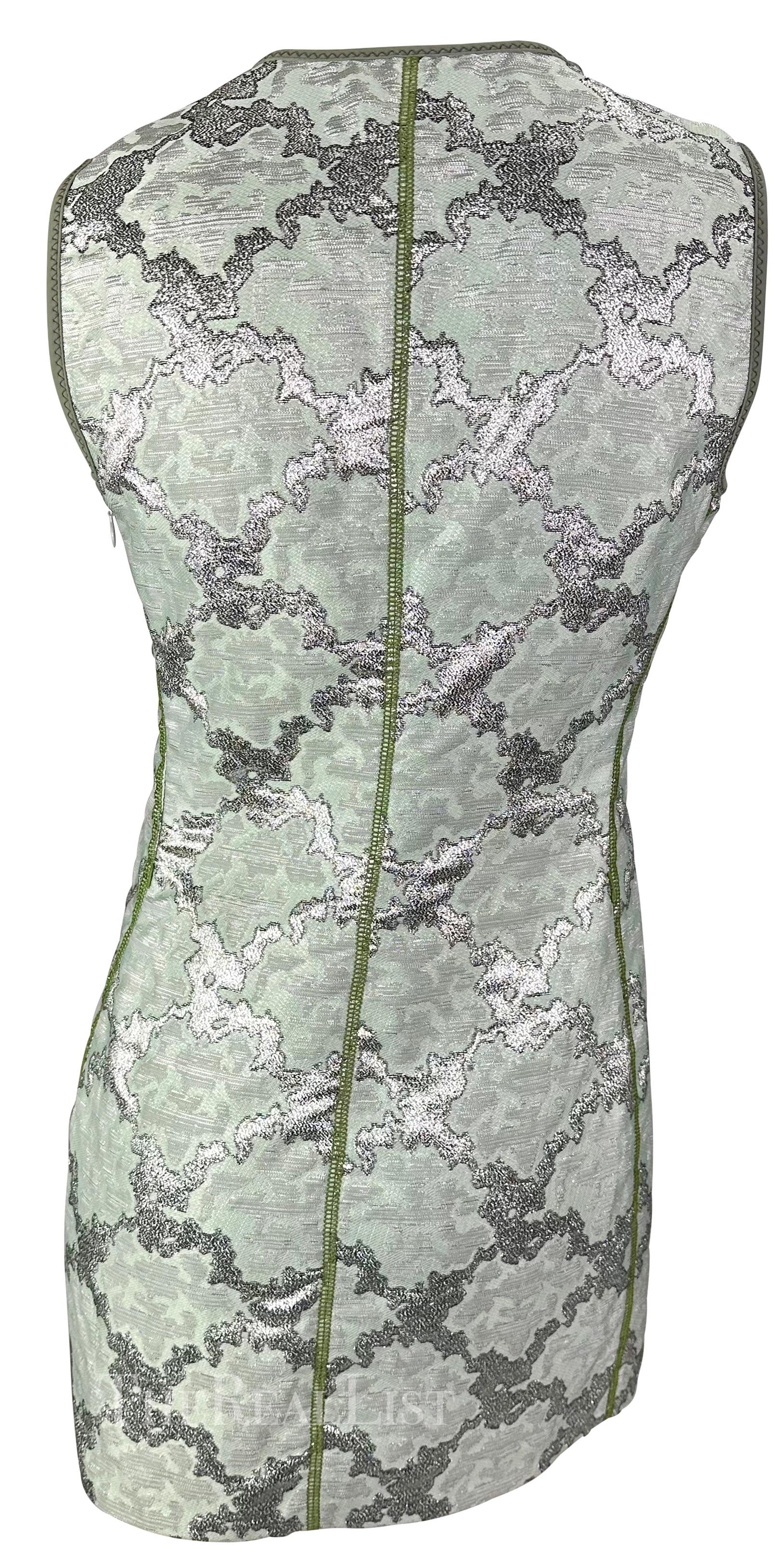 S/S 2003 Prada Aqua Green Silver Metallic Jacquard Weave Mod Mini Dress For Sale 2