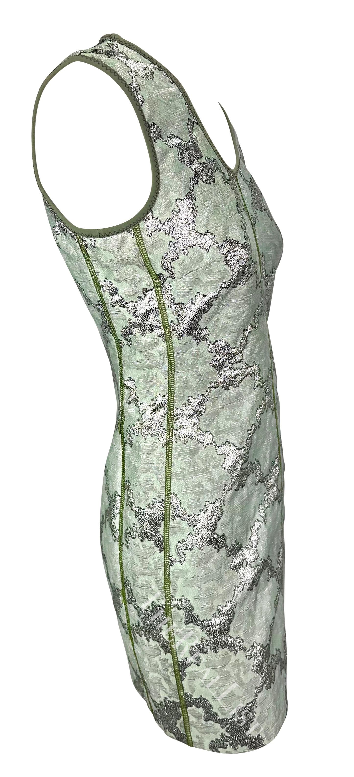 S/S 2003 Prada Aqua Green Silver Metallic Jacquard Weave Mod Mini Dress For Sale 3