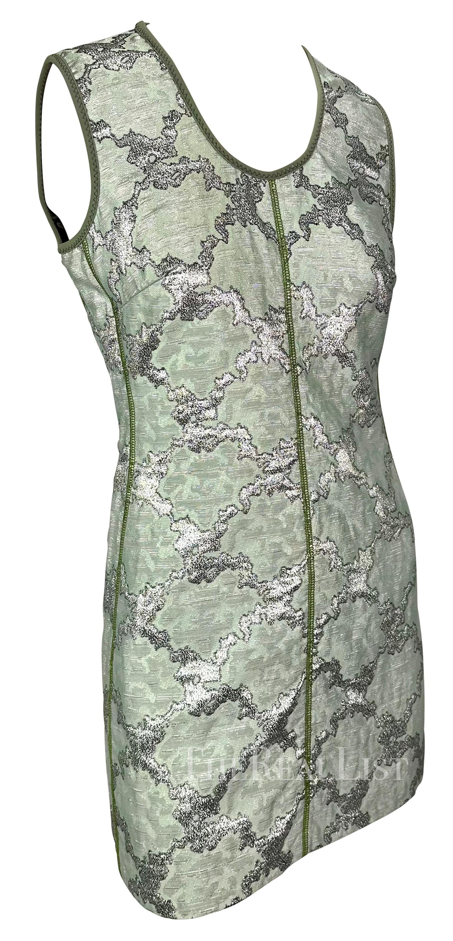 S/S 2003 Prada Aqua Green Silver Metallic Jacquard Weave Mod Mini Dress For Sale 4
