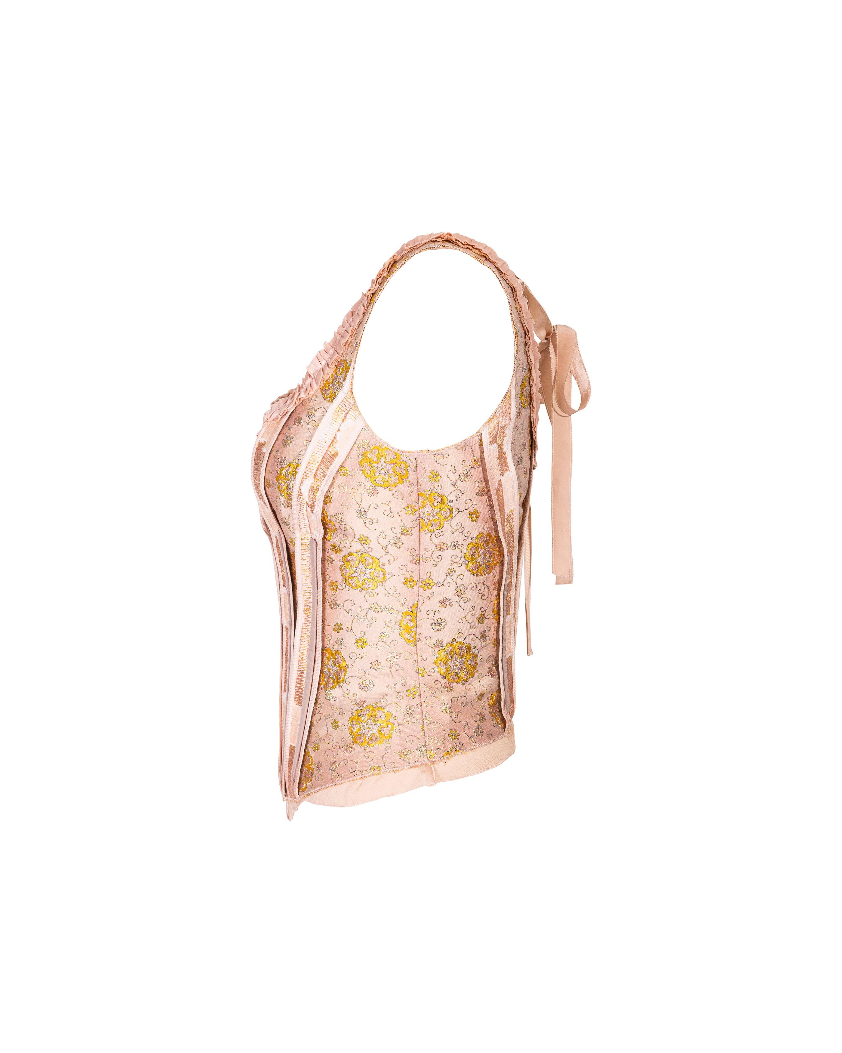 S/S 2003 Prada Blush Pink Floral Brocade Corset with Exterior Boning In Excellent Condition In North Hollywood, CA