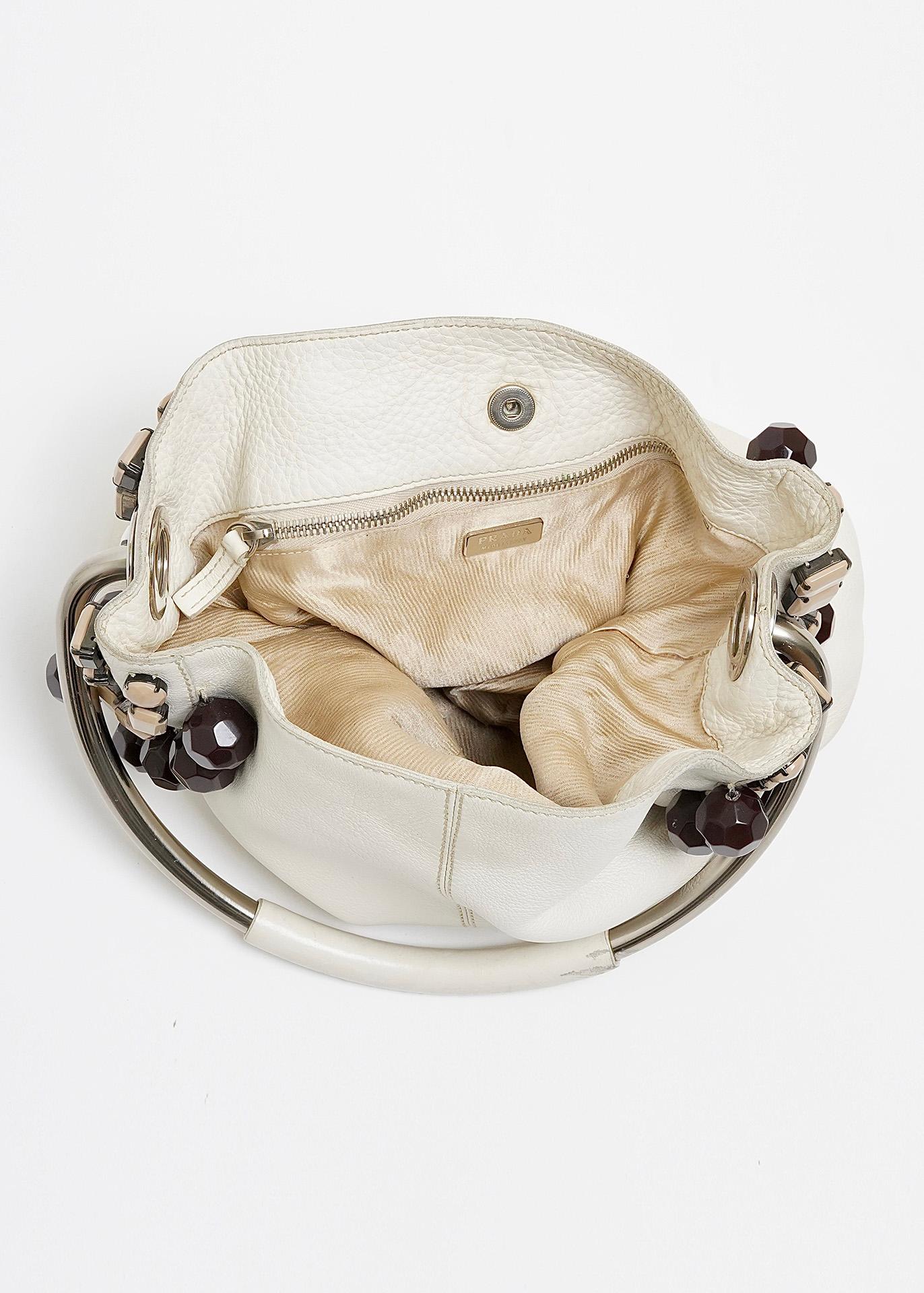 Women's S/S 2003 Prada off-white beaded leather & metal hoop hobo bag For Sale