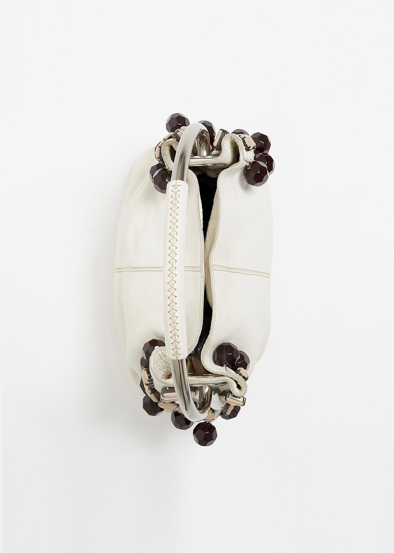 S/S 2003 Prada off-white beaded leather & metal hoop hobo bag For Sale 2