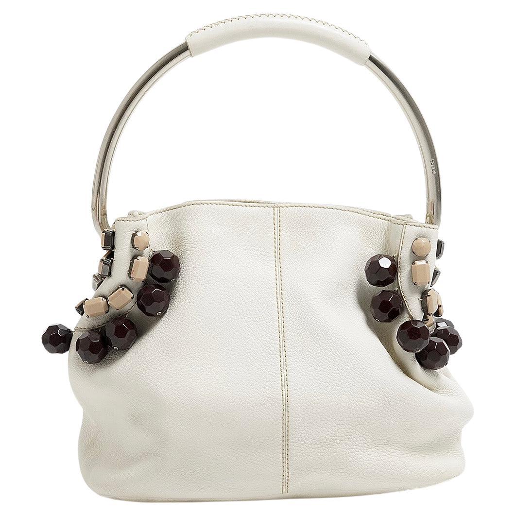 S/S 2003 Prada off-white beaded leather & metal hoop hobo bag For Sale