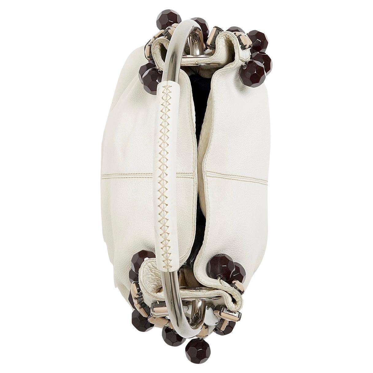 S/S 2003 Prada off-white beaded leather & silver metal top handle hobo bag Bon état - En vente à Berlin, DE