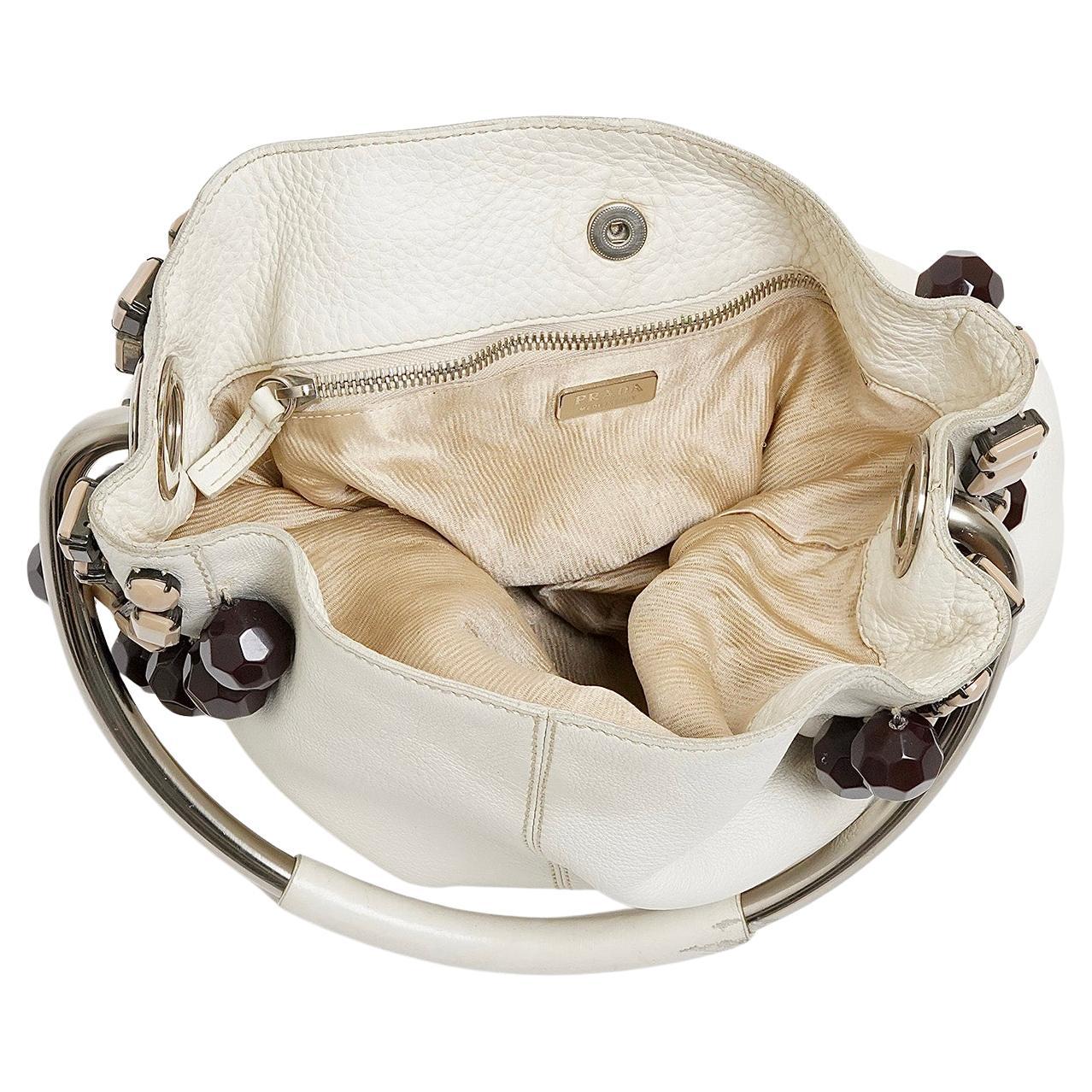 S/S 2003 Prada off-white beaded leather & silver metal top handle hobo bag Pour femmes en vente