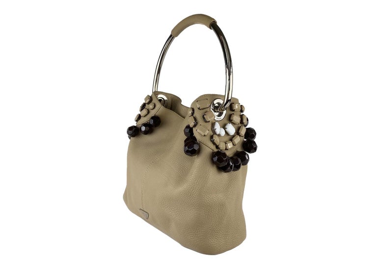 Brown S/S 2003 Prada Oversized Beaded Leather & Metal Hoop Ring Medium Hobo Bag For Sale