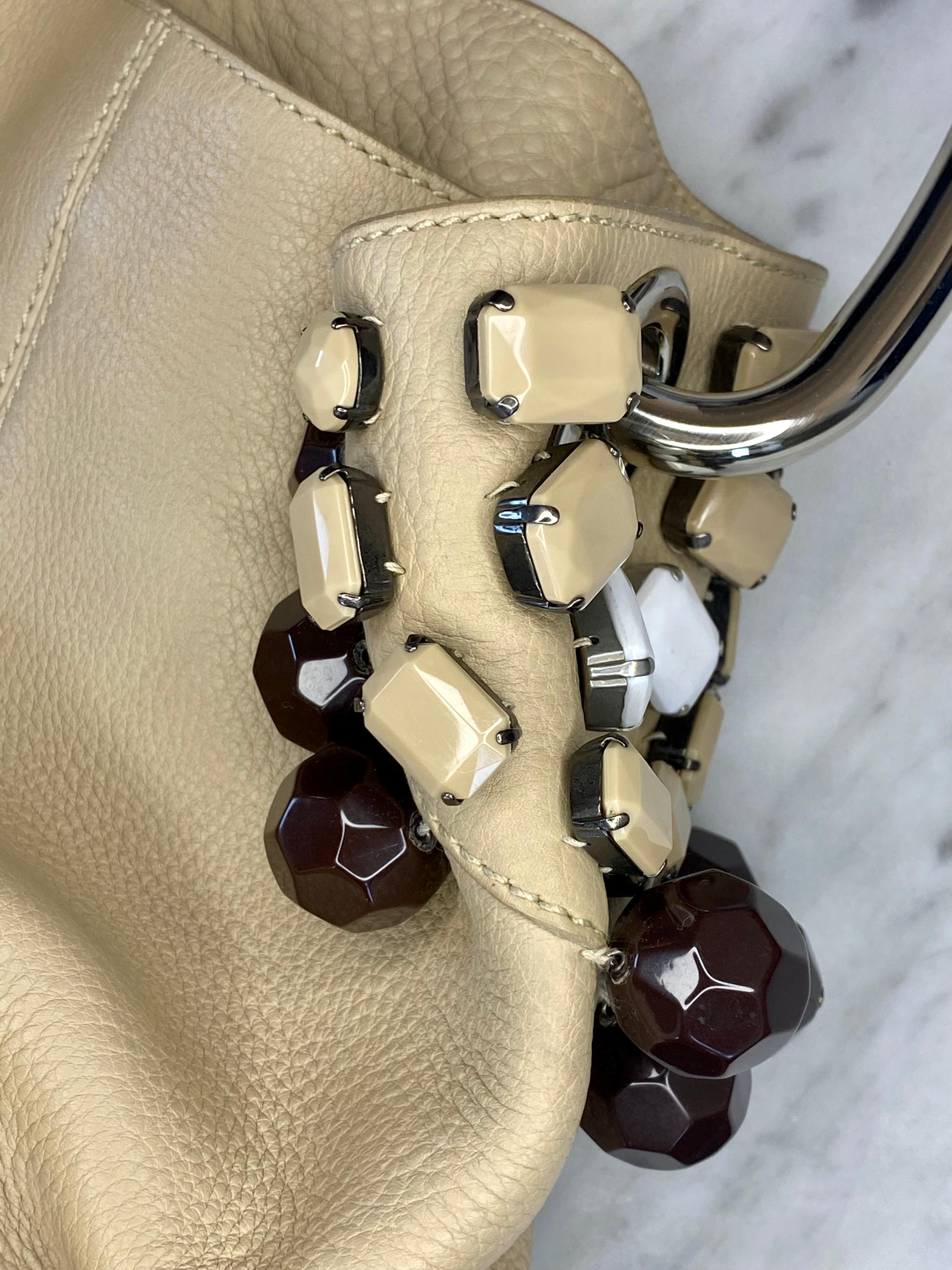 Women's or Men's S/S 2003 Prada Oversized Beaded Leather & Metal Hoop Ring Medium Hobo Bag For Sale