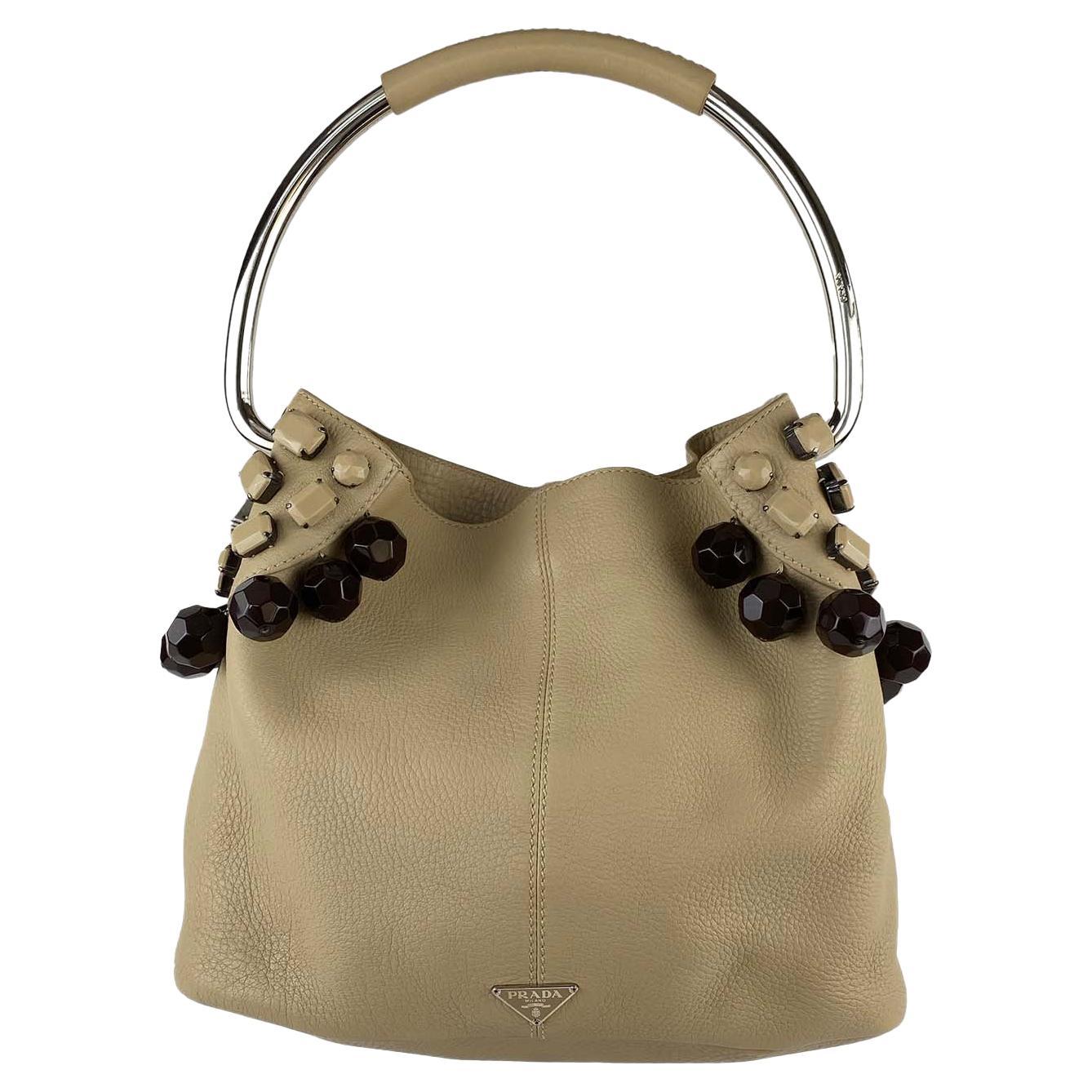 S/S 2003 Prada Oversized Beaded Leather & Metal Hoop Ring Medium Hobo Bag For Sale
