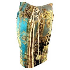 S/S 2003 Roberto Cavalli Baroque Printed Denim Corset Lace Up Skirt