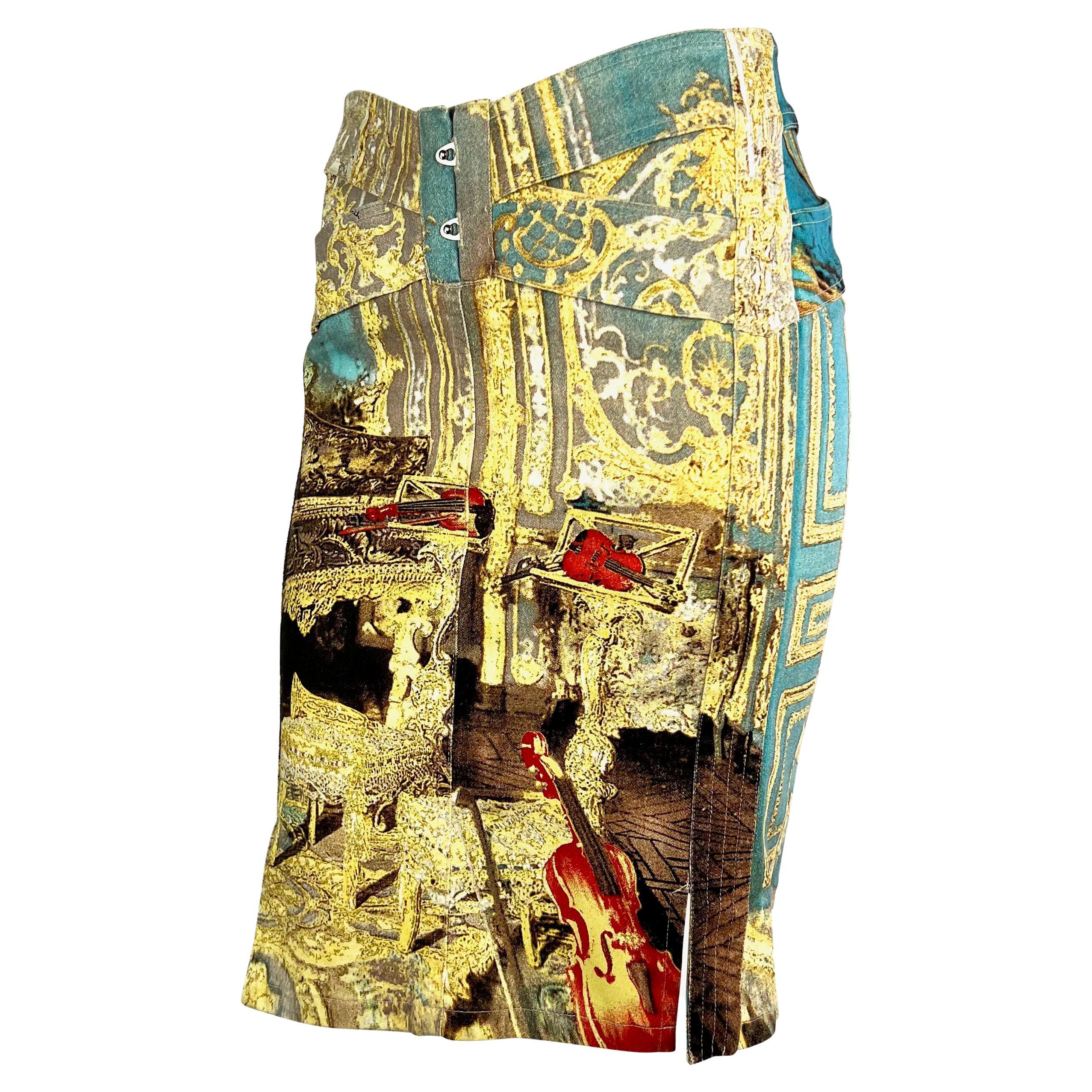 S/S 2003 Roberto Cavalli Baroque Printed Denim Corset Lace Up Skirt In Excellent Condition For Sale In West Hollywood, CA