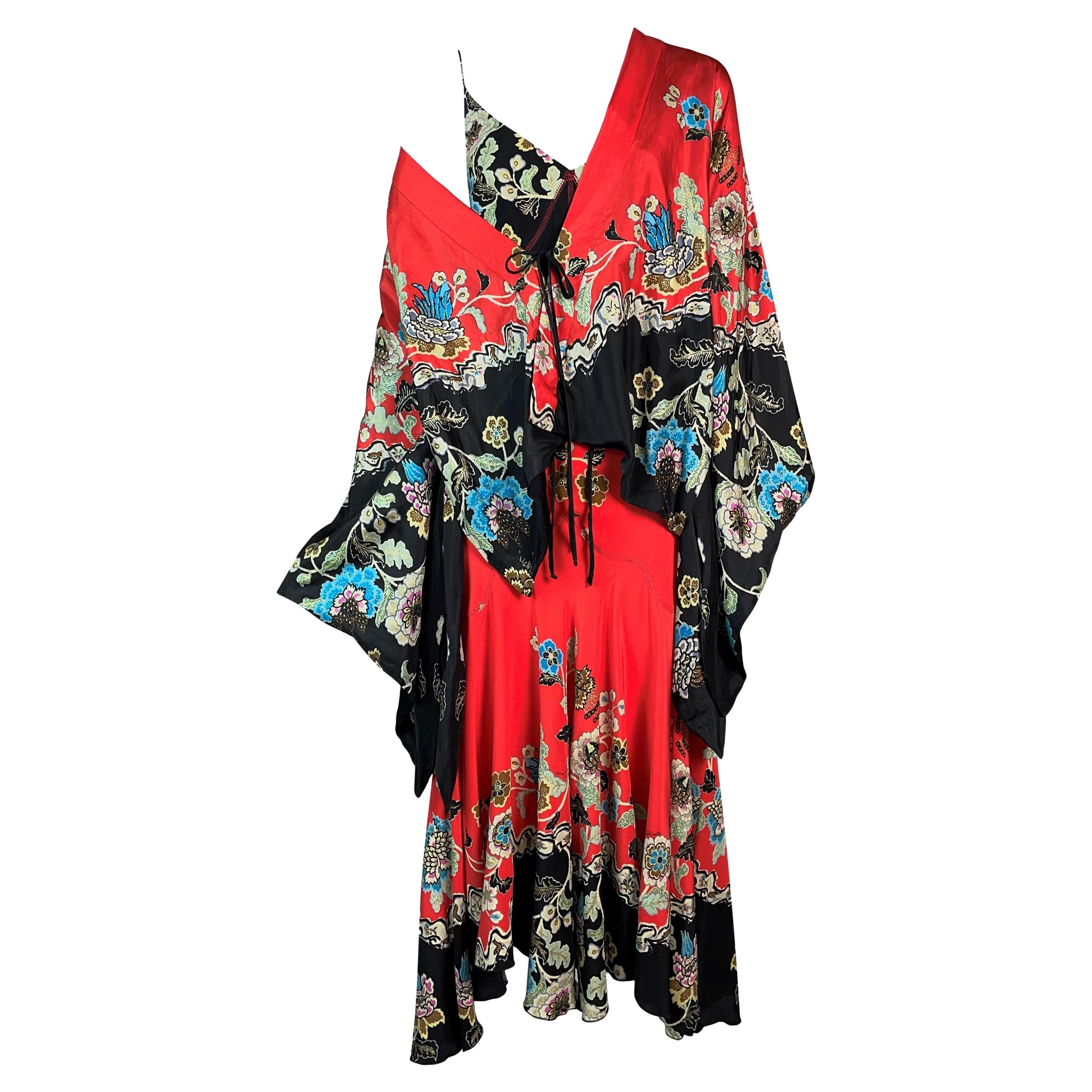 S/S 2003 Roberto Cavalli Black & Red Silk Print Maxi Dress & Kimono Jacket