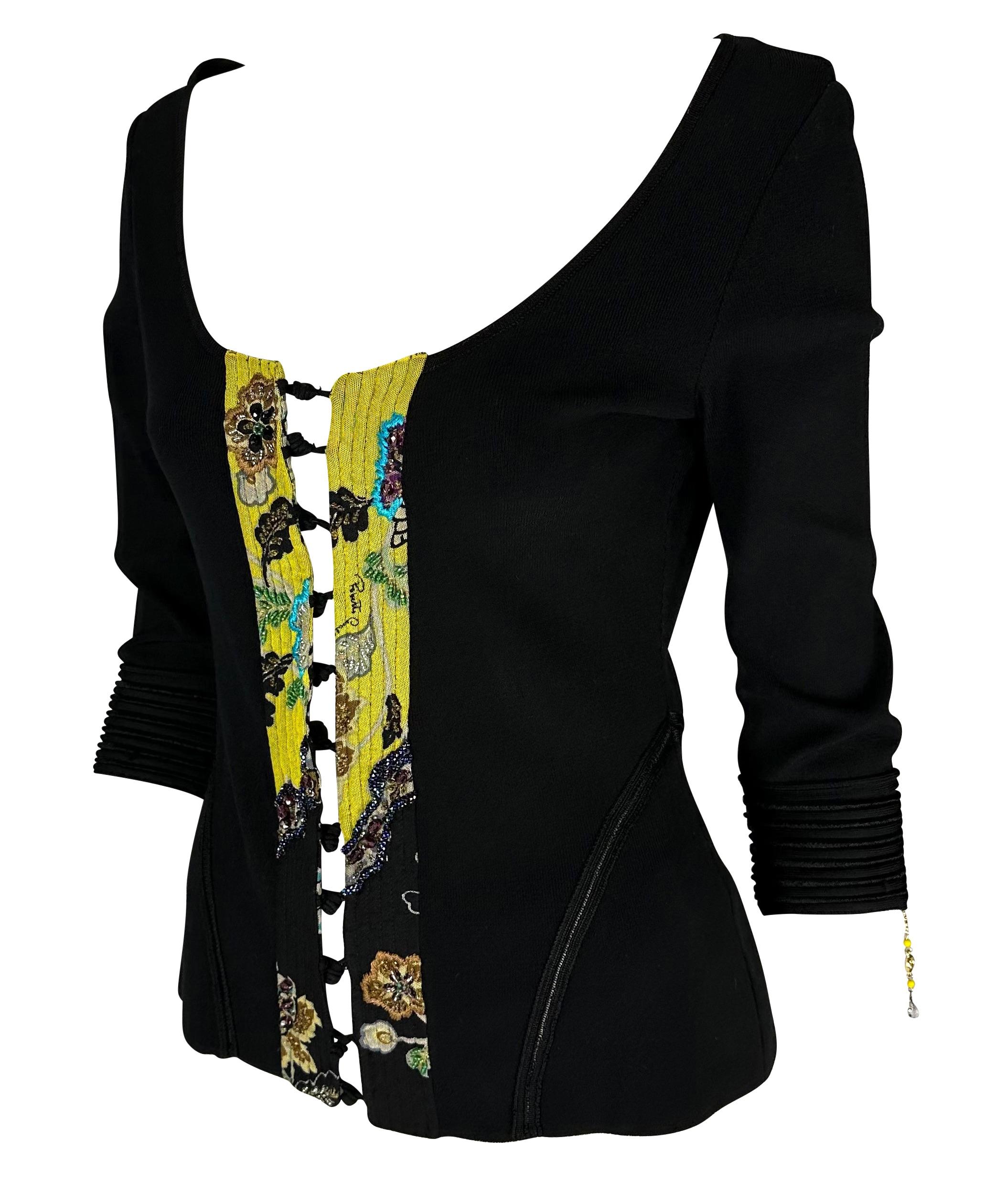 S/S 2003 Roberto Cavalli Charm Yellow Chinoiserie Beaded Black Sweater Excellent état - En vente à West Hollywood, CA