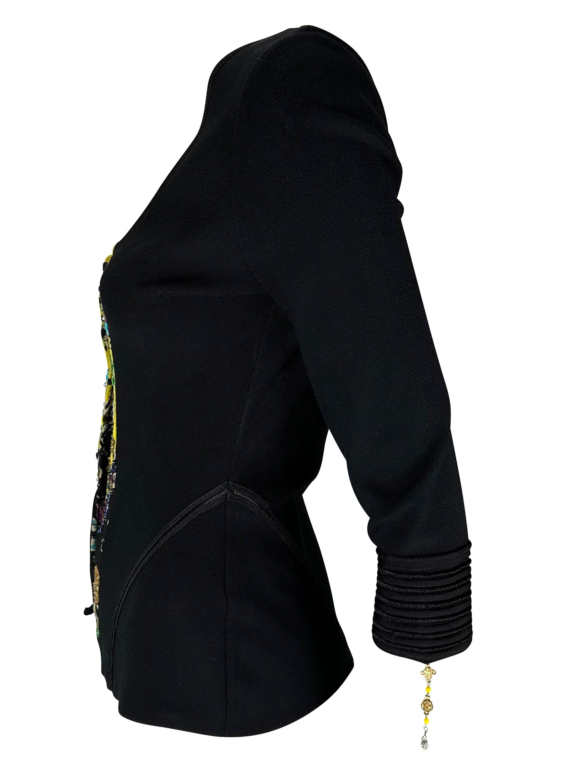S/S 2003 Roberto Cavalli Charm Yellow Chinoiserie Beaded Black Sweater Pour femmes en vente
