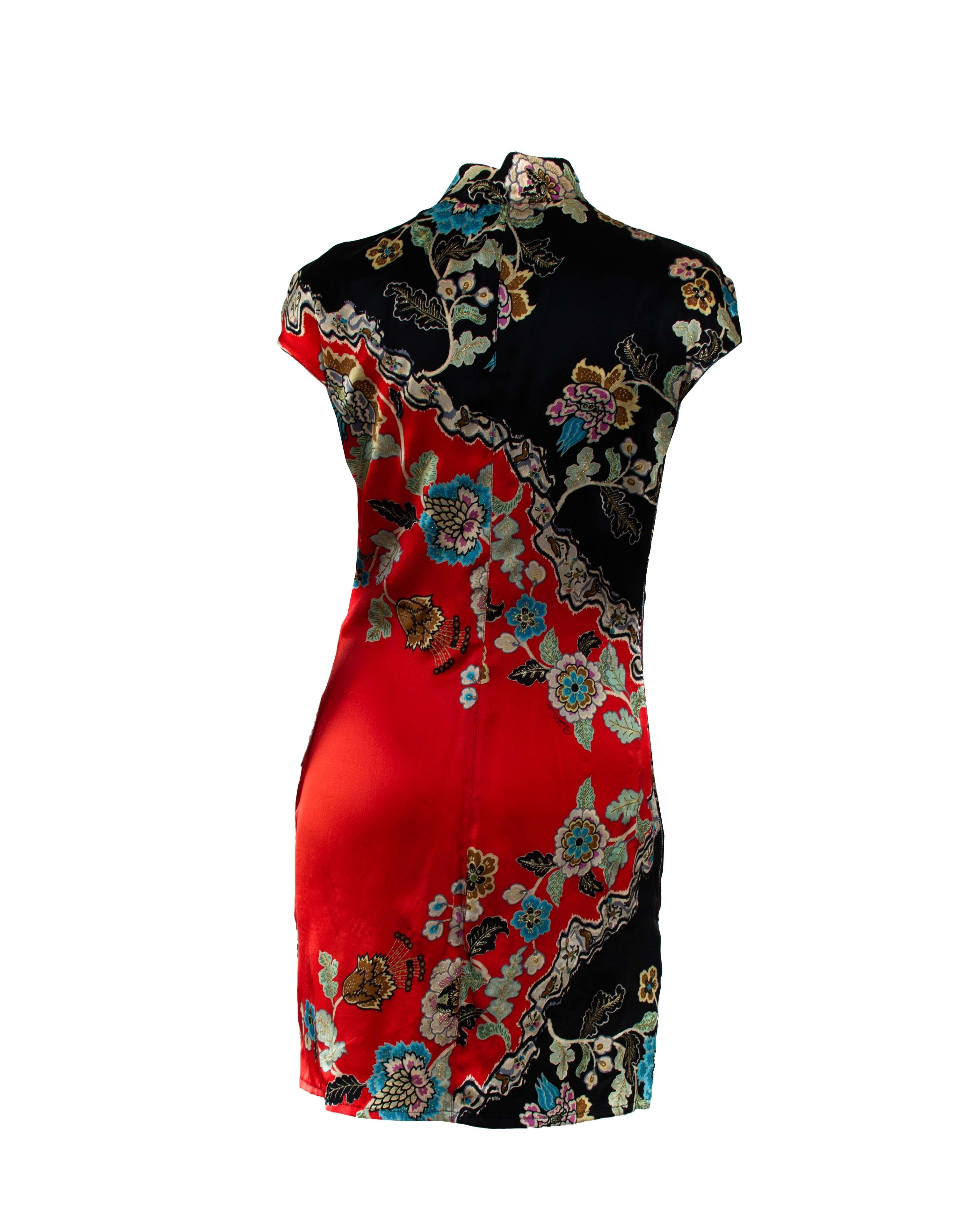 Red S/S 2003 Roberto Cavalli Chinoiserie Asian Print Mini Cheongsam Runway Dress