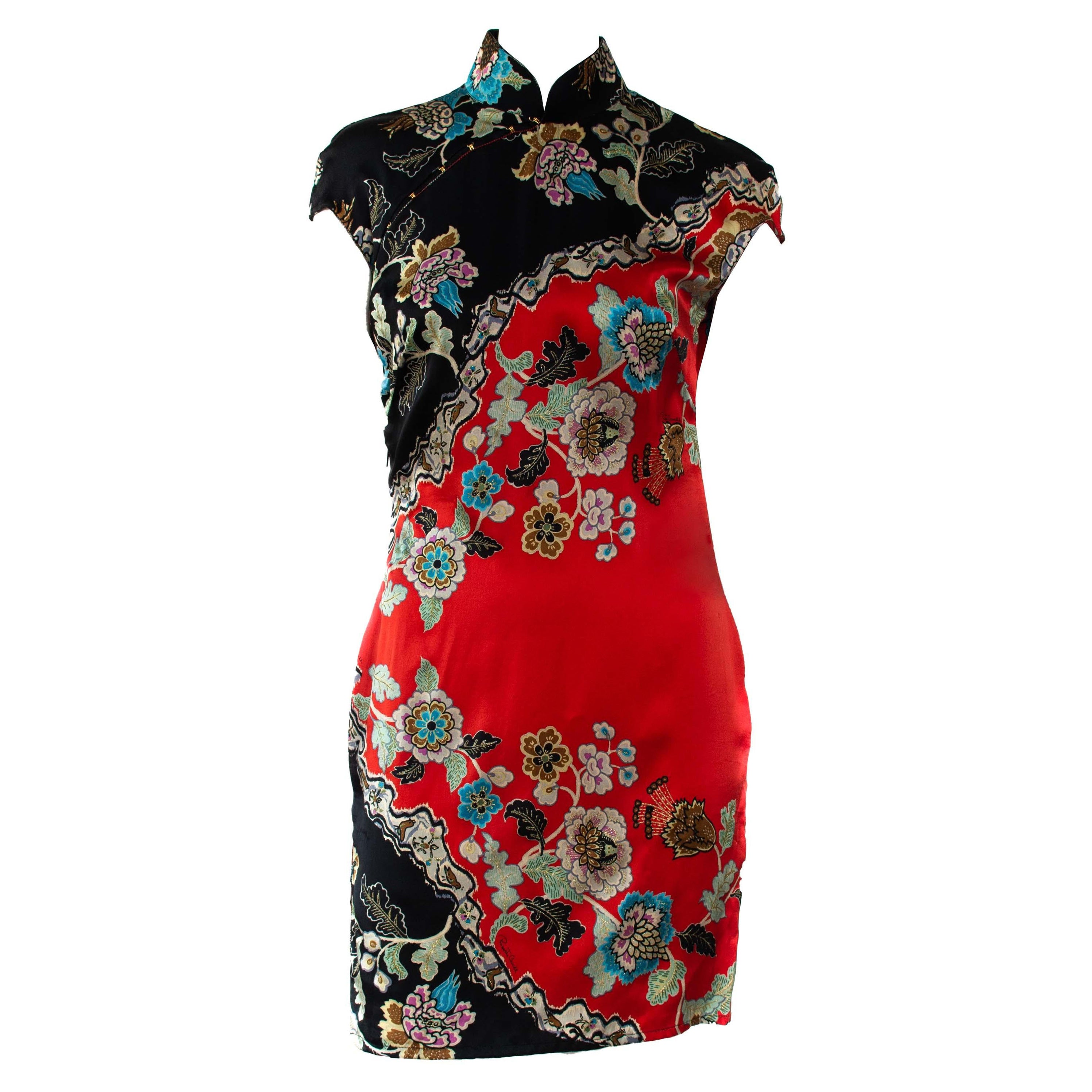 S/S 2003 Roberto Cavalli Chinoiserie Asian Print Mini Cheongsam Vestido de Pasarela