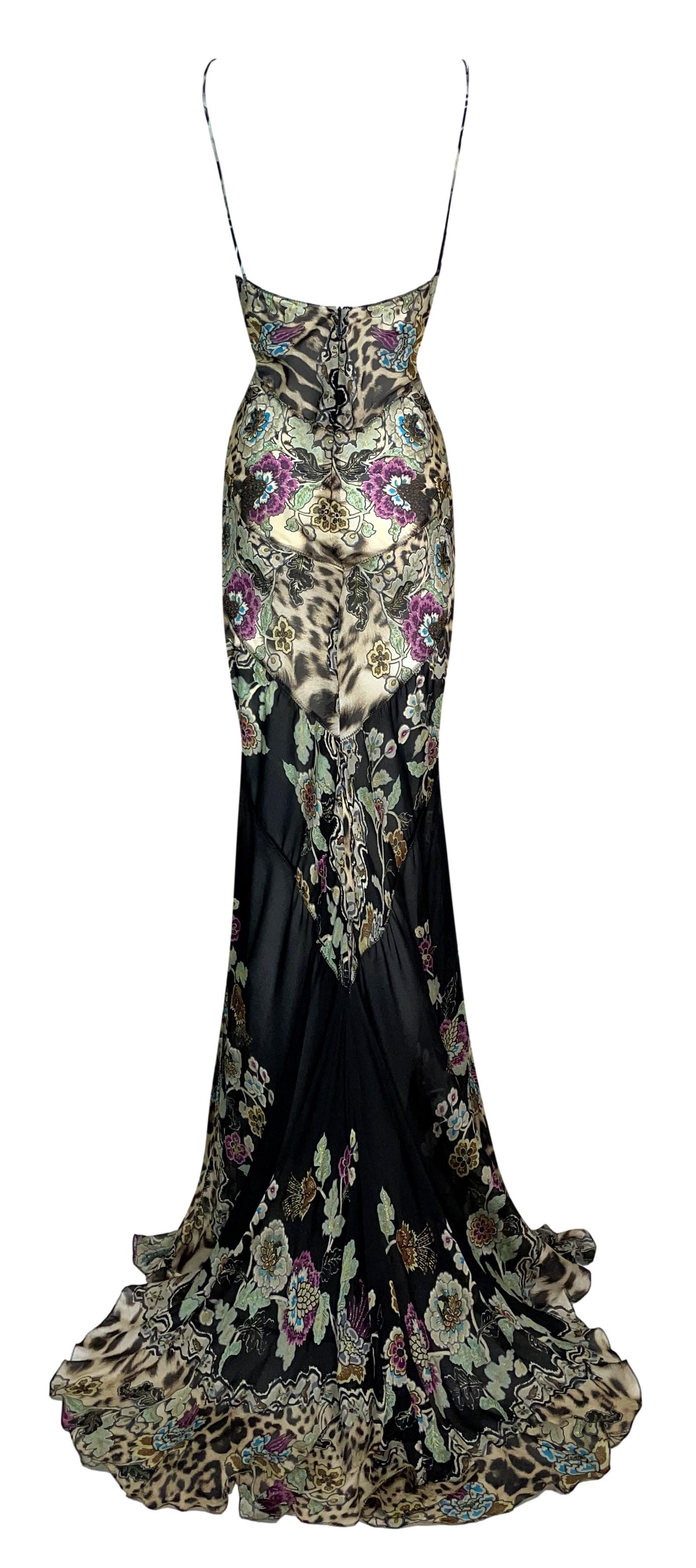 S/S 2003 Roberto Cavalli Chinoiserie Black Silk Extra Long Gown Dress In Excellent Condition For Sale In Yukon, OK