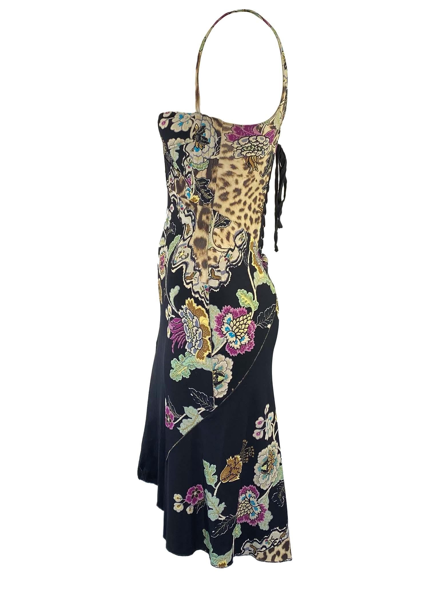 S/S 2003 Roberto Cavalli Chinoiserie Print Corset Stretch Lace-Up Dress In Good Condition In West Hollywood, CA