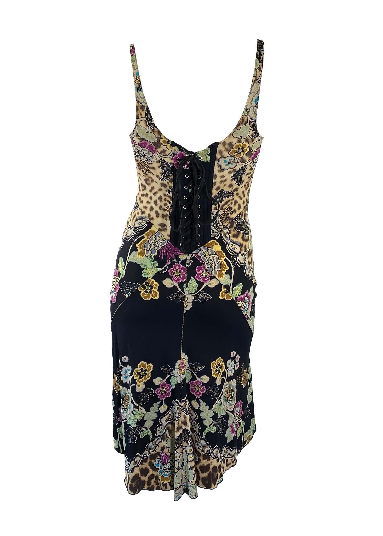 Women's S/S 2003 Roberto Cavalli Chinoiserie Print Corset Stretch Lace-Up Dress