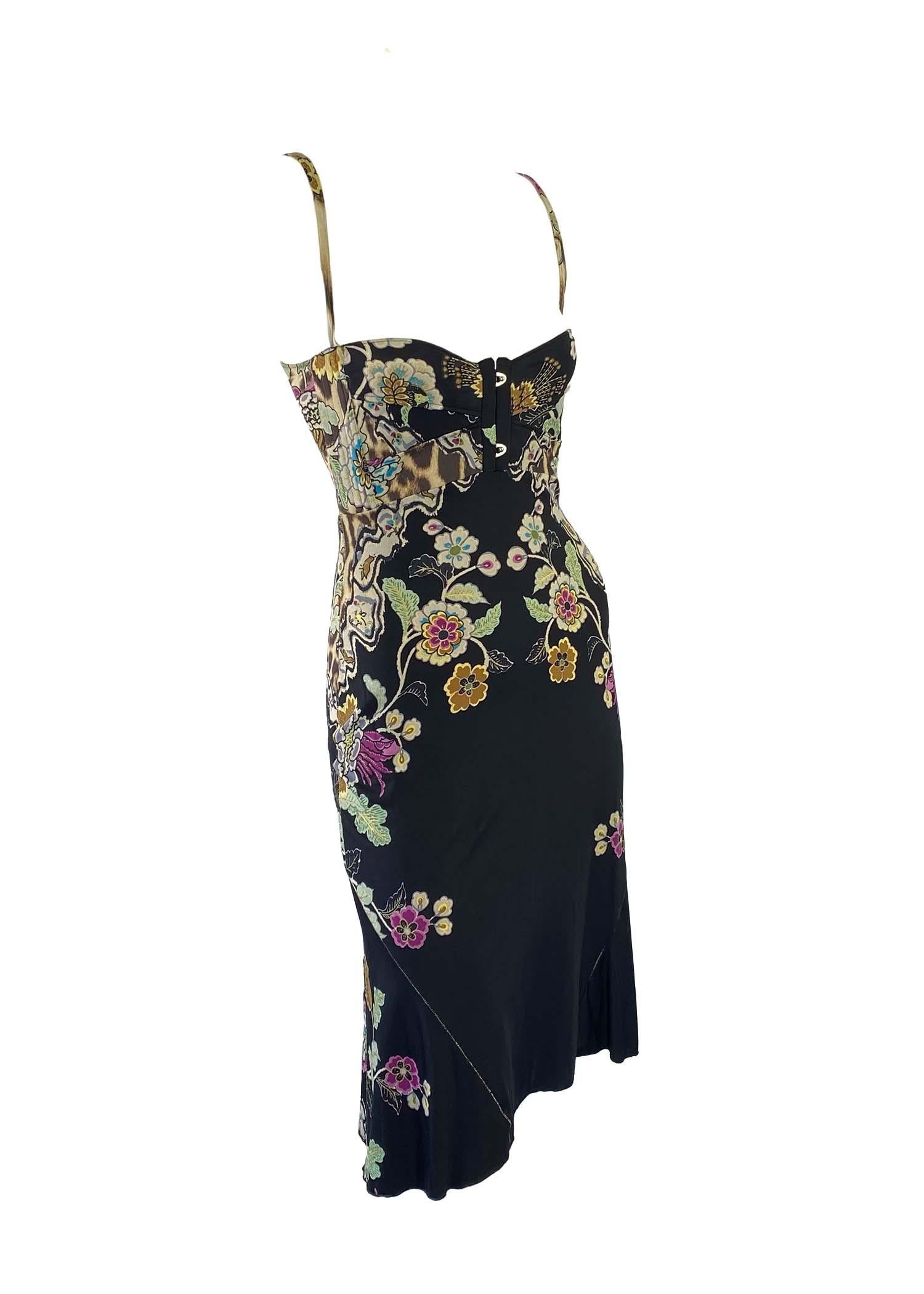 S/S 2003 Roberto Cavalli Chinoiserie Print Corset Stretch Lace-Up Dress 2