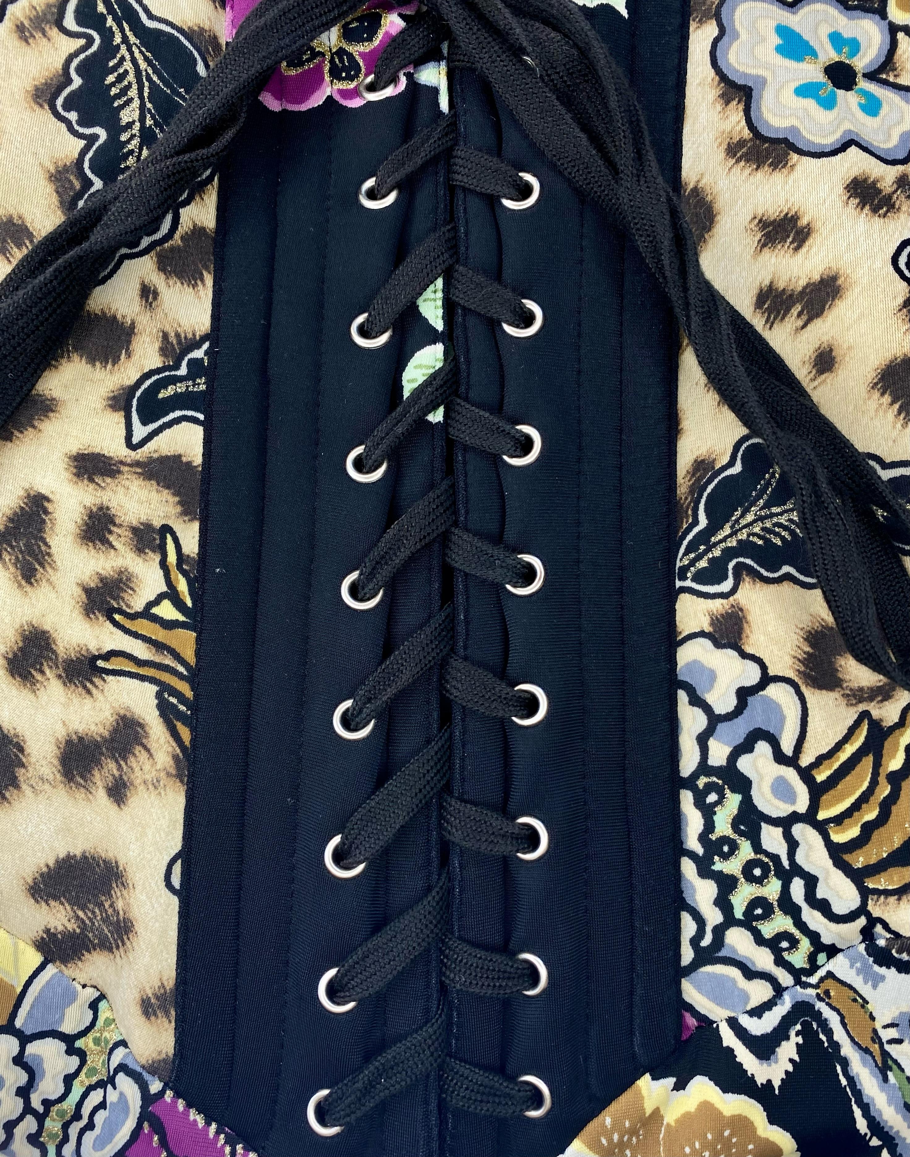 S/S 2003 Roberto Cavalli Chinoiserie Print Corset Stretch Lace-Up Dress 3