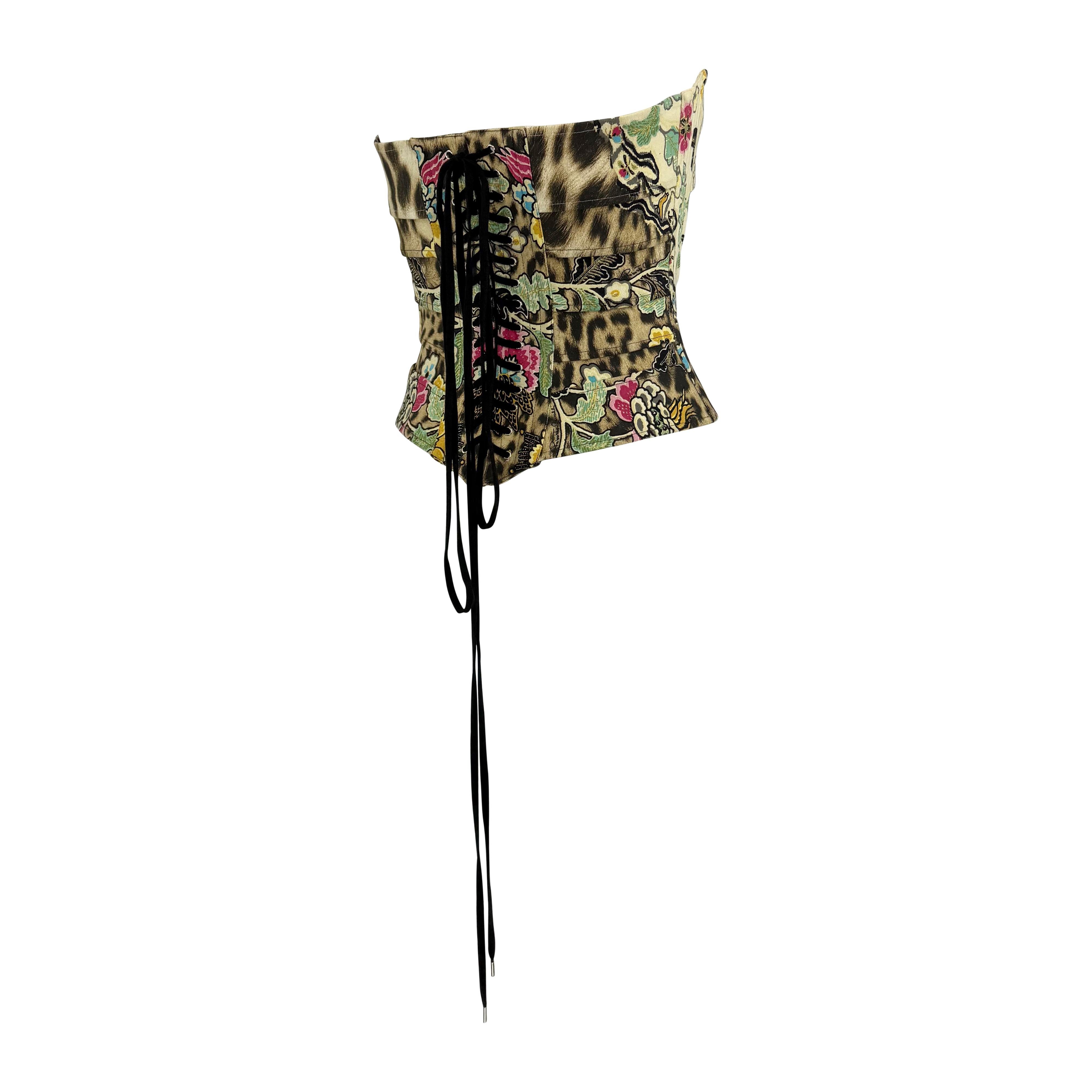 S/S 2003 Roberto Cavalli - Top corseté à lacets en crème imprimé Chinoiserie Pour femmes en vente