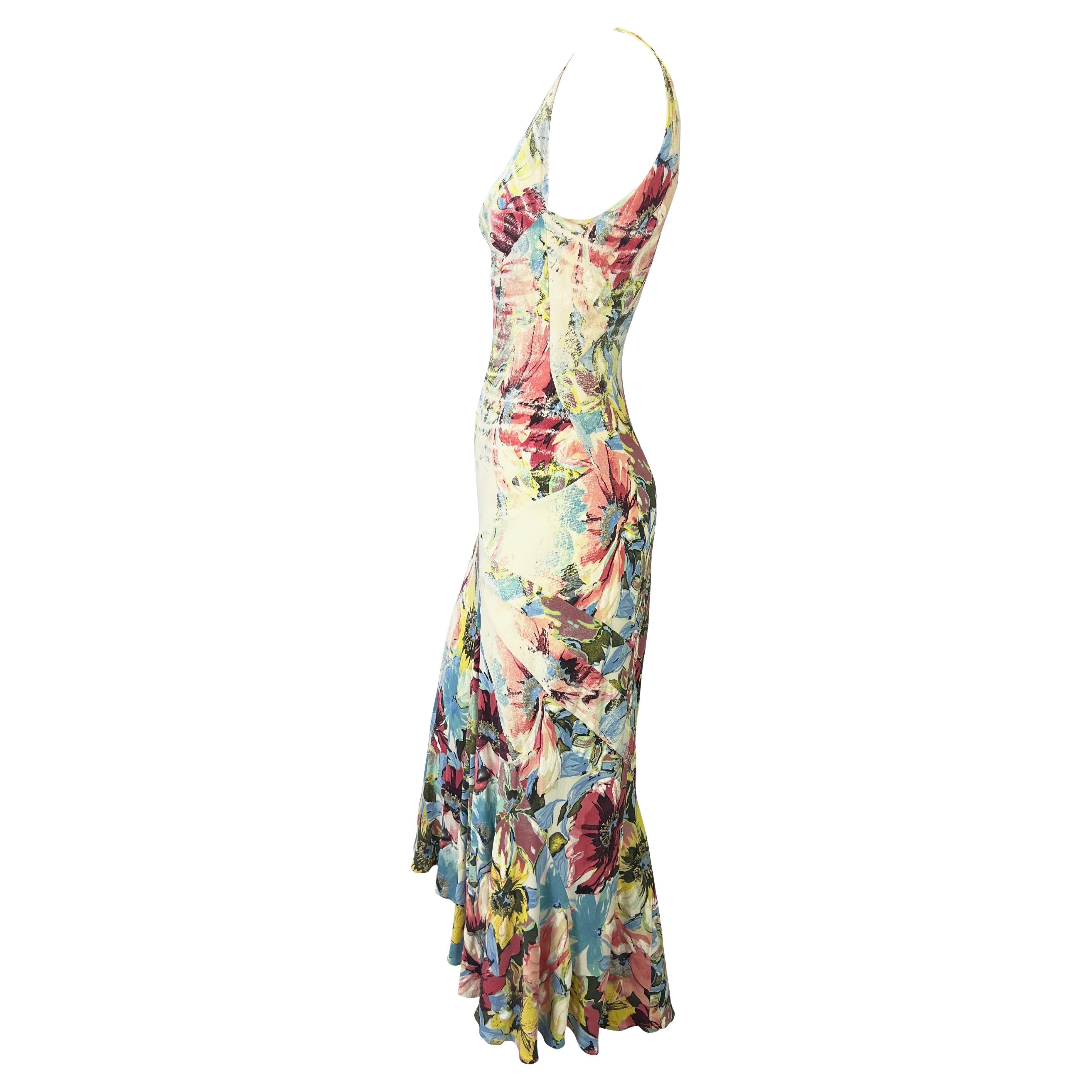 Beige S/S 2003 Roberto Cavalli Floral Abstract Watercolor Silk Stretch Flare Dress For Sale