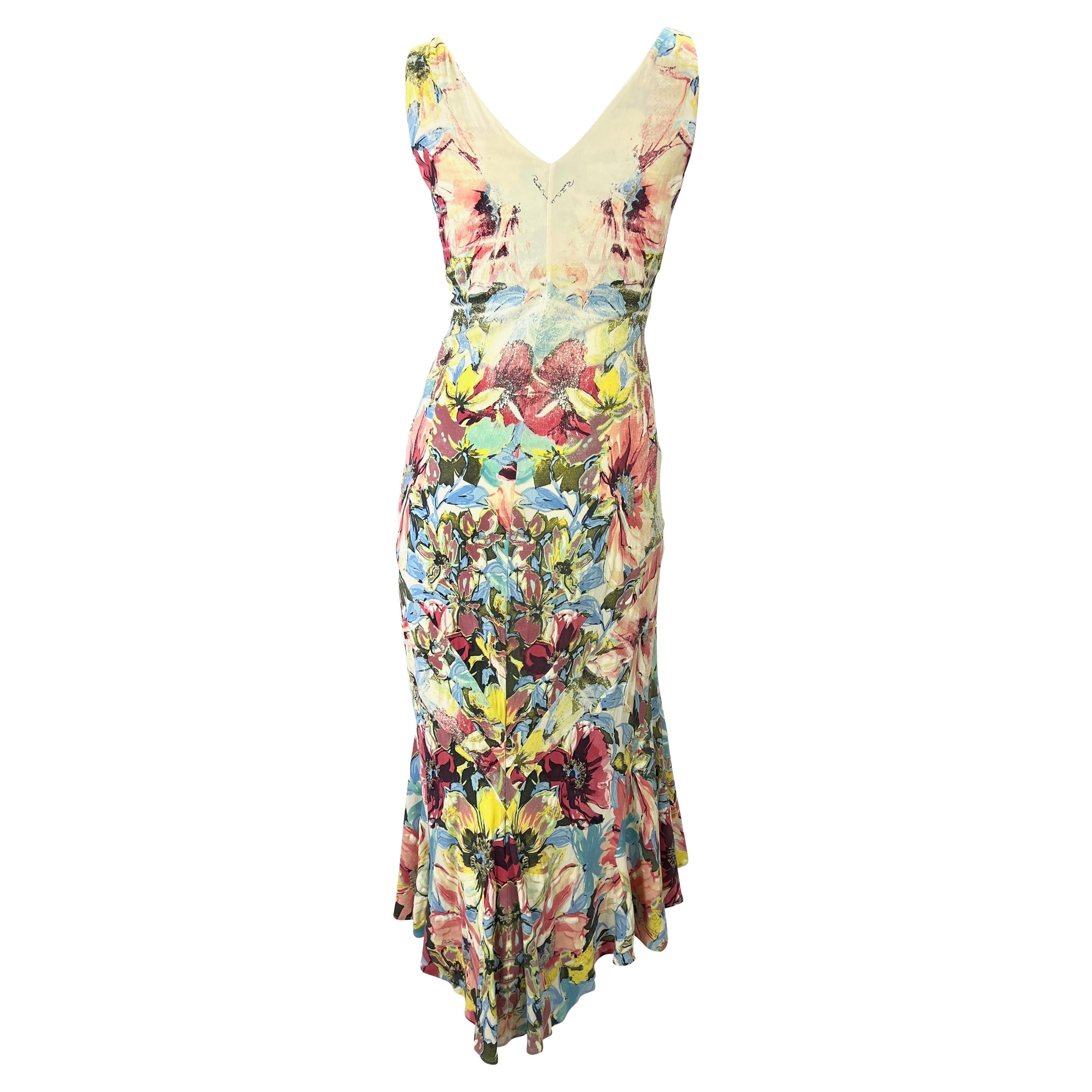 S/S 2003 Roberto Cavalli Floral Abstract Watercolor Silk Stretch Flare Dress In Good Condition For Sale In West Hollywood, CA