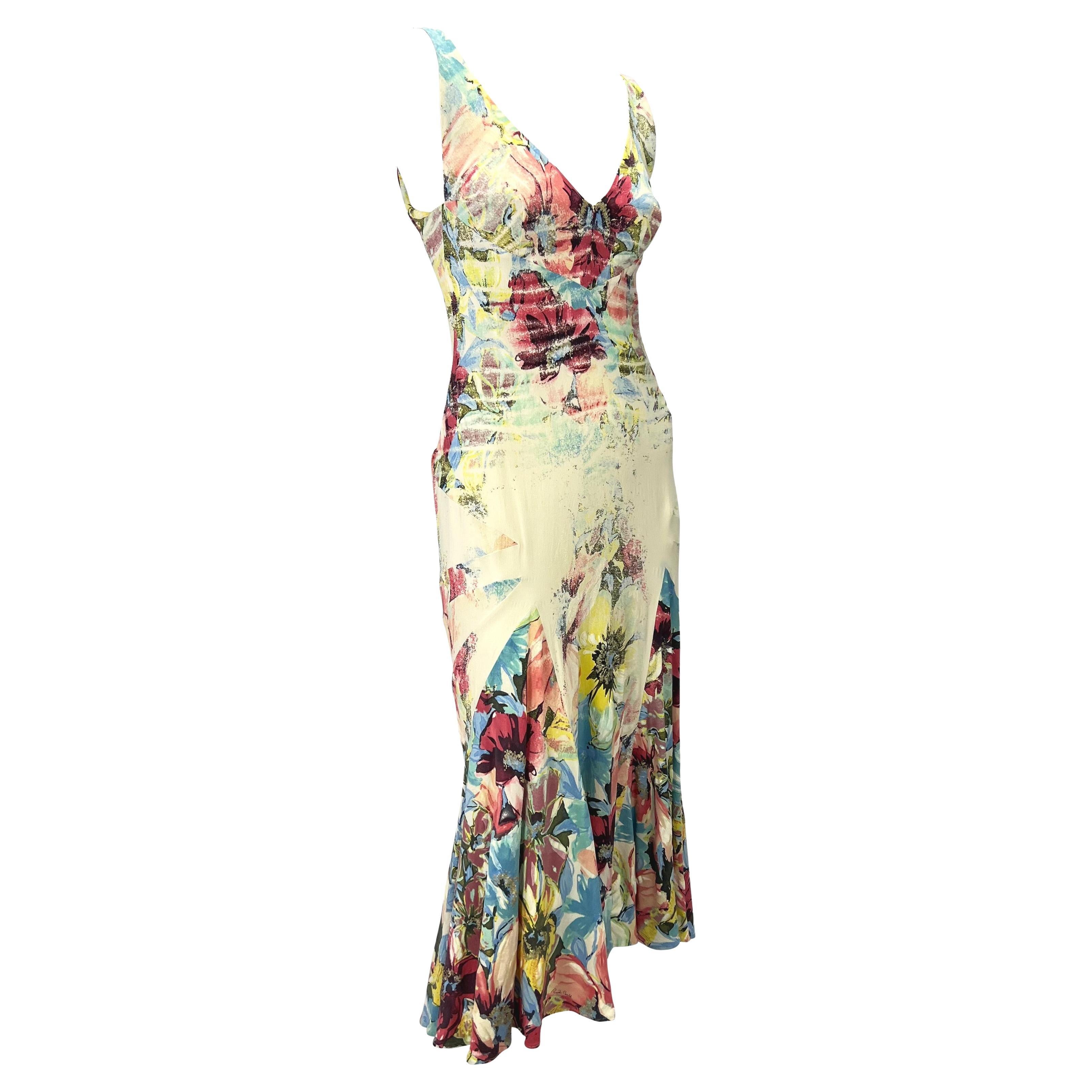 Women's S/S 2003 Roberto Cavalli Floral Abstract Watercolor Silk Stretch Flare Dress For Sale