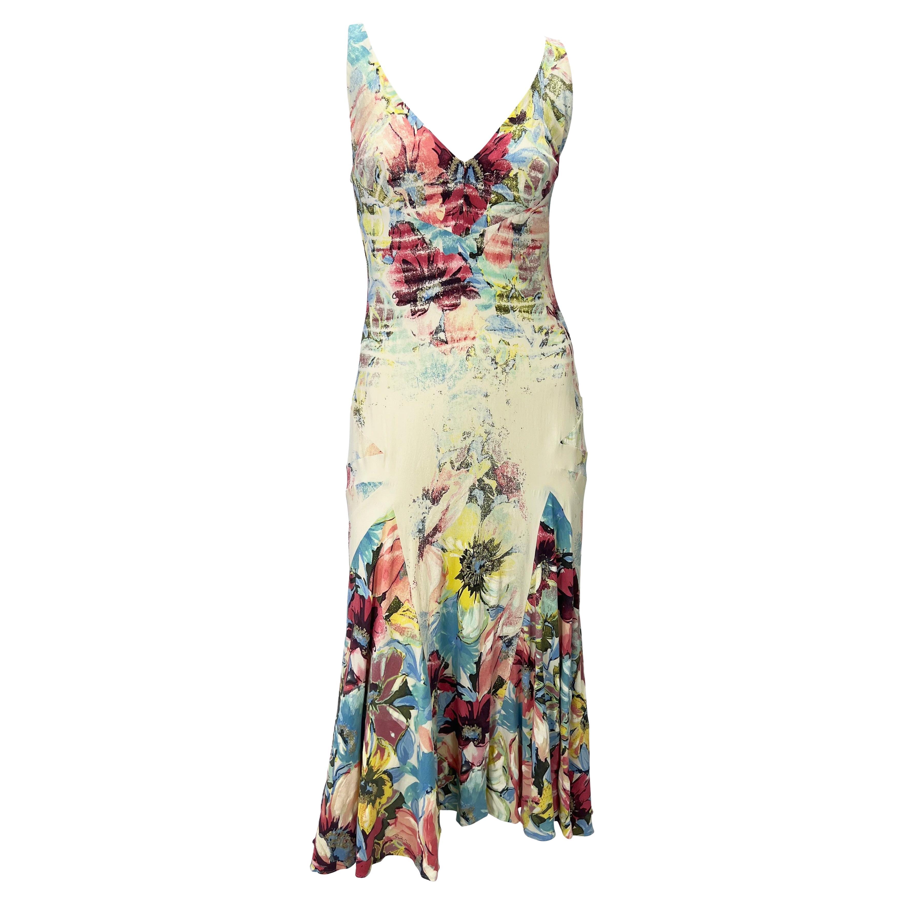 S/S 2003 Roberto Cavalli Floral Abstract Watercolor Silk Stretch Flare Dress For Sale