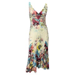 S/S 2003 Roberto Cavalli Floral Abstract Watercolor Silk Stretch Flare Dress
