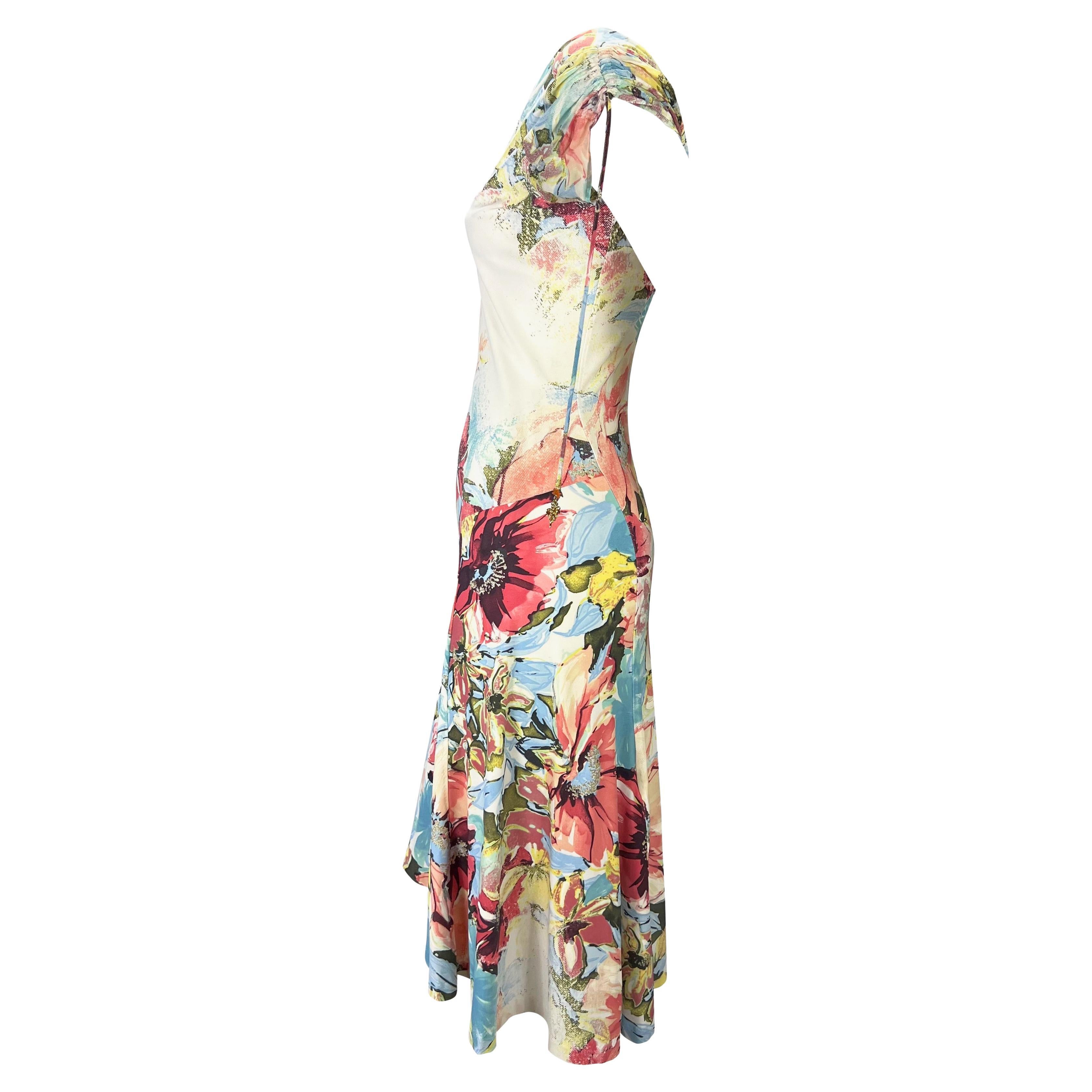 Robe à breloques en viscose extensible à fleurs abstraites aquarelle Roberto Cavalli, P/E 2003 Bon état - En vente à West Hollywood, CA