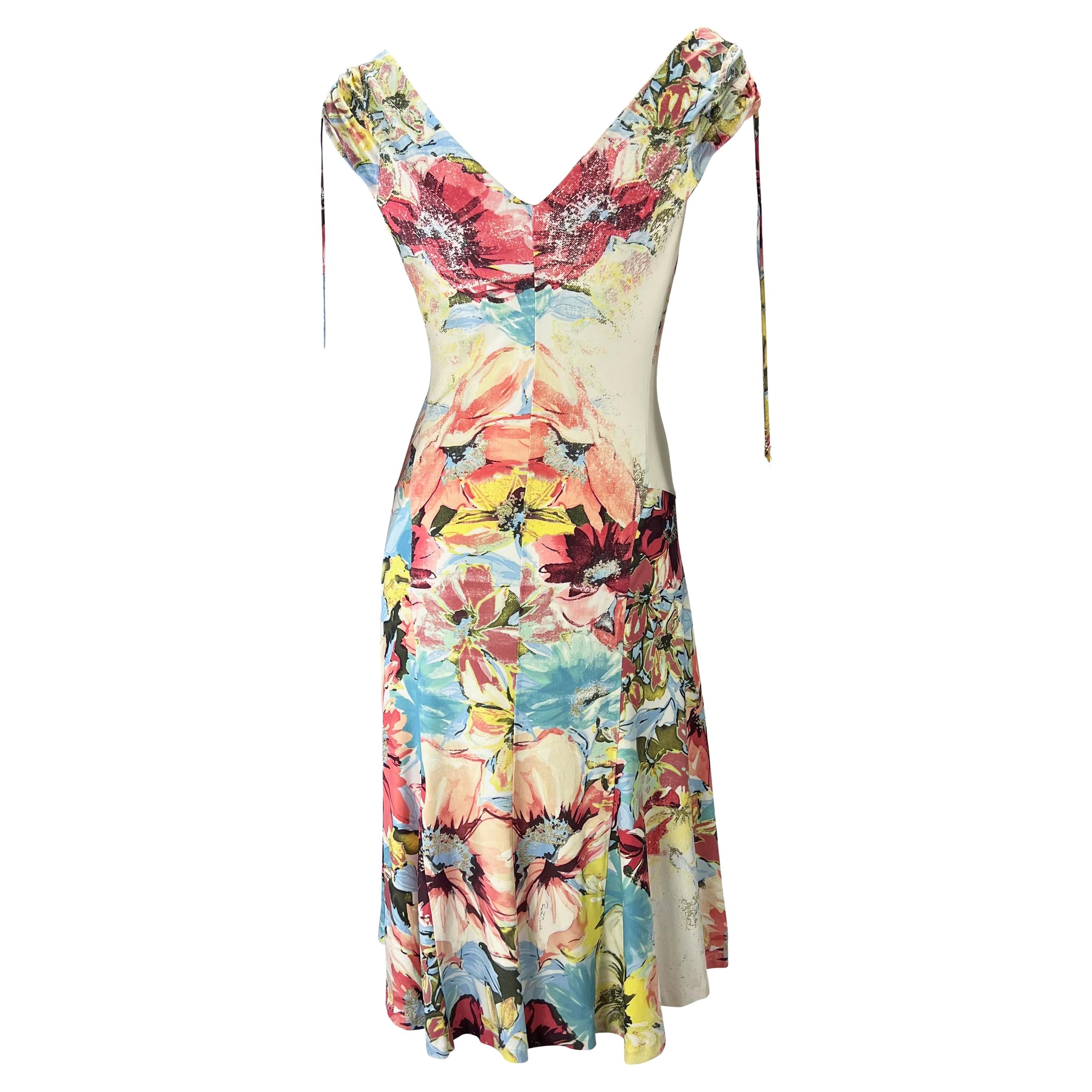 Robe à breloques en viscose extensible à fleurs abstraites aquarelle Roberto Cavalli, P/E 2003 Pour femmes en vente