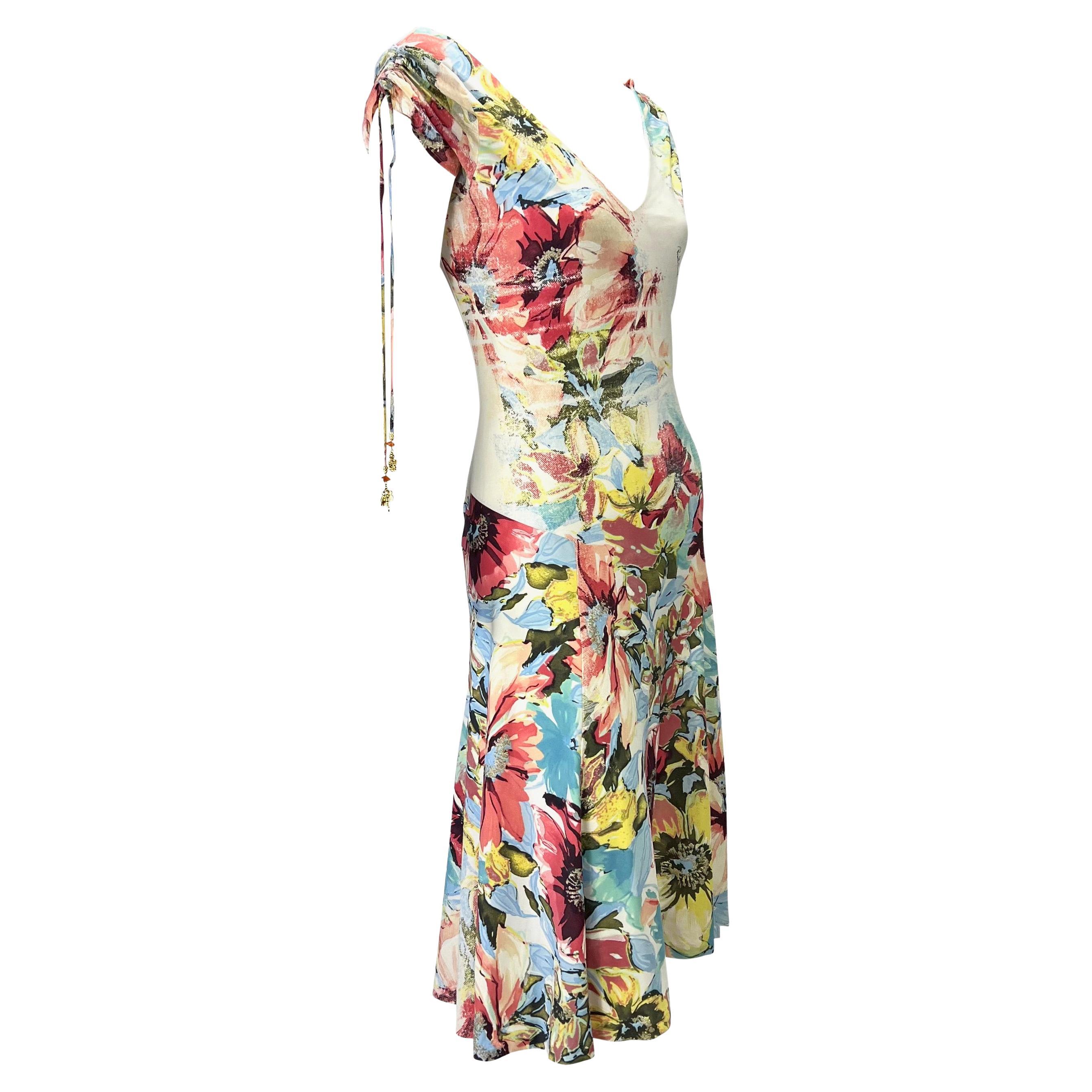 Robe à breloques en viscose extensible à fleurs abstraites aquarelle Roberto Cavalli, P/E 2003 en vente 1