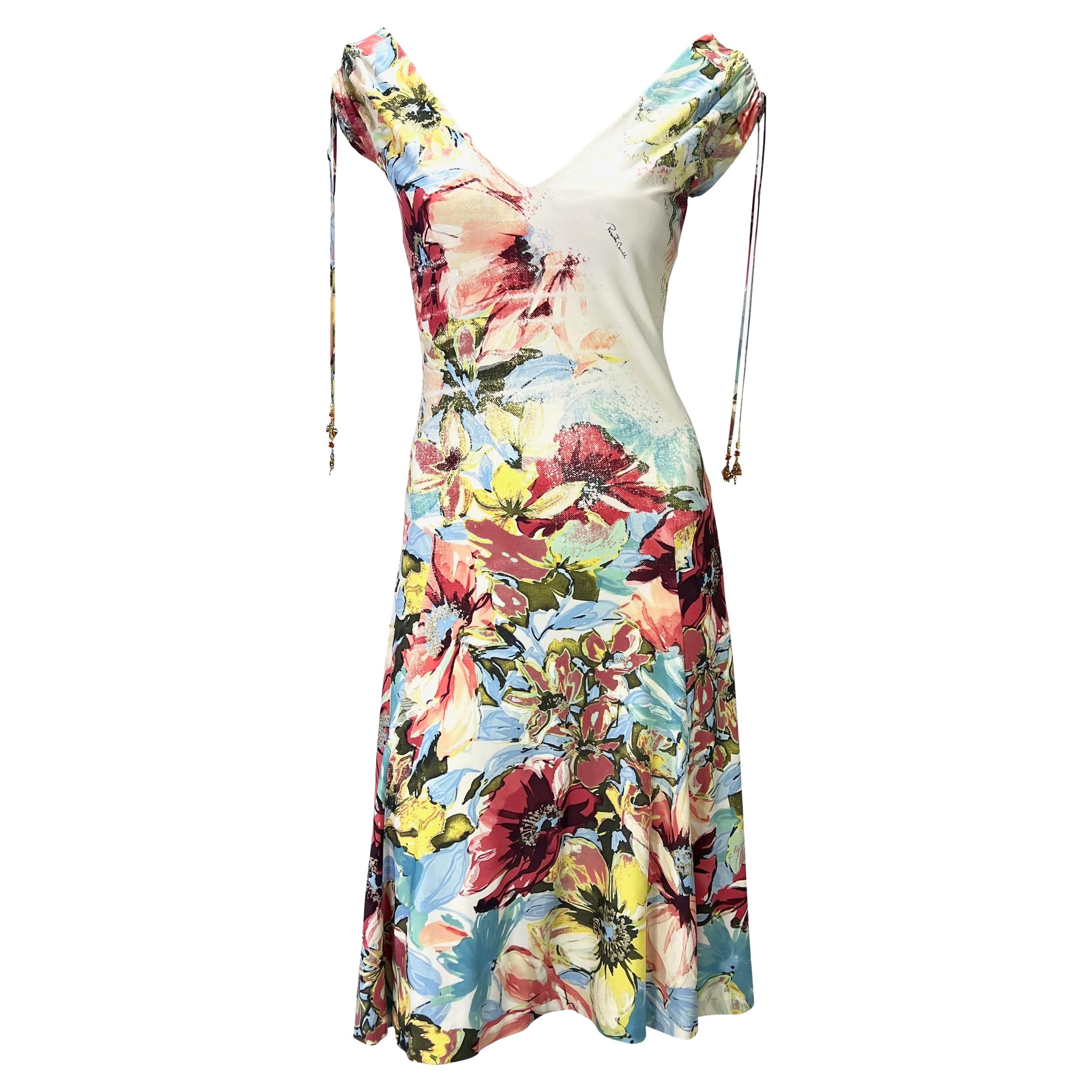 S/S 2003 Roberto Cavalli Floral Abstract Watercolor Viscose Stretch Charm Dress For Sale
