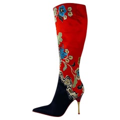 S/S 2003 Roberto Cavalli New Unused Red Chinoiserie Asian Print Silk 5" Boots